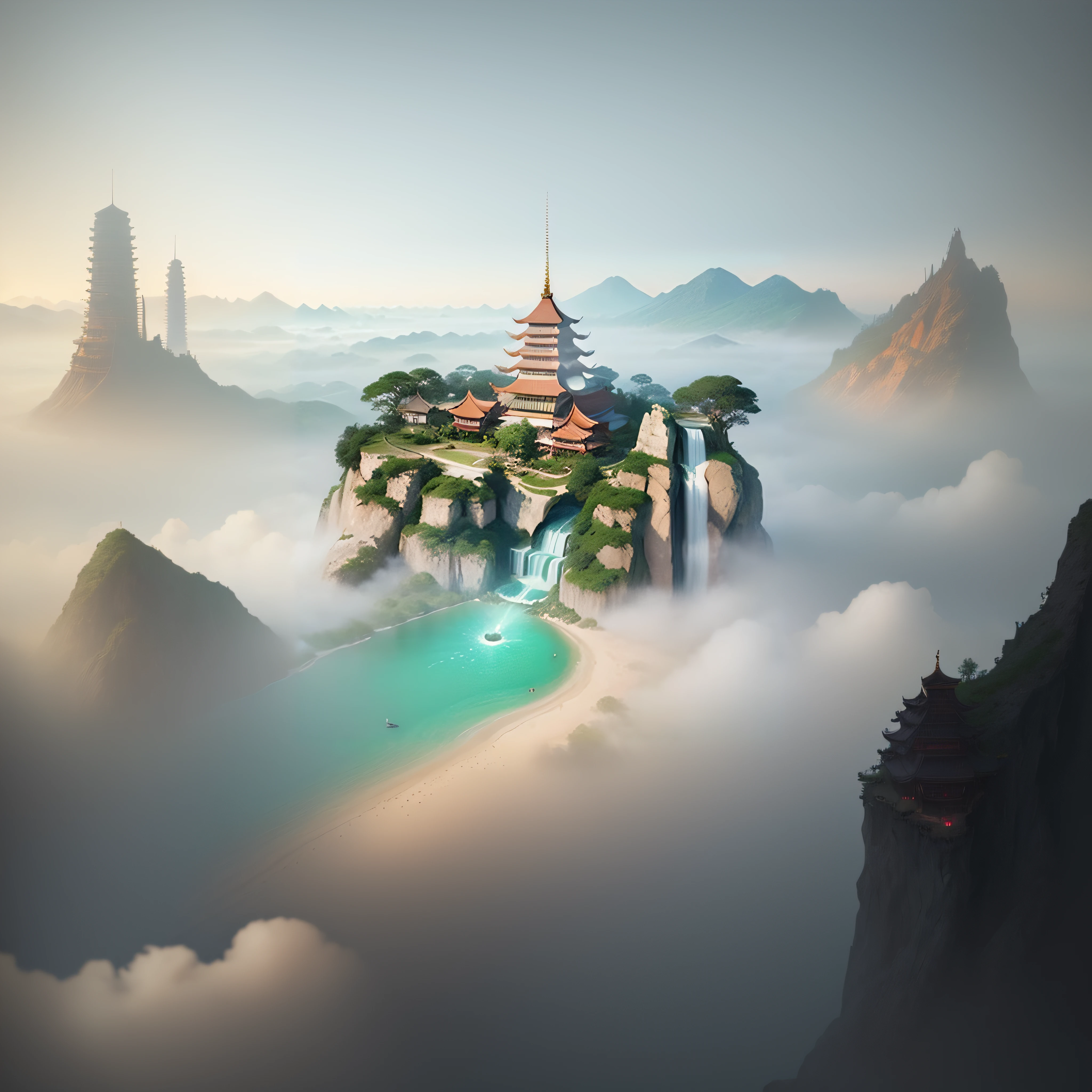 A small island with a pagoda on it, Chinese fantasy, fantasy matte painting,Cute, matte painting in fantasy style, digital painting of a pagoda, epic matte painting of an island, realistic fantasy rendering, by Raymond Han, cyberpunk chinese ancient castle, ross tran. scenery background, dreamy Chinese towns, Beautiful rendering of the Tang Dynasty, Illustration matte painting