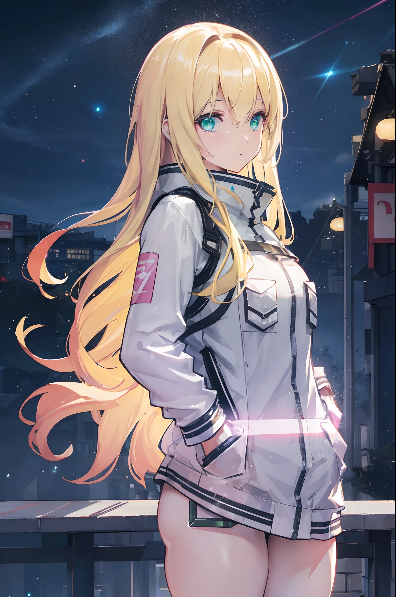 a girl blowing a big bubblegum with both of her hand in her pocket , (hands in pocket:1.4), (big bubblegum:1.4), (Shibuya:1.4), (night lights:1.4), (Thick Body:1.4), (Long Blond Hair:1.4), Green Eyes, HDR (High Dynamic Range), Ray Tracing, NVIDIA RTX, Super-Resolution, Unreal 5, Subsurface Scattering, PBR Texturing, Post-Processing, Anisotropic Filtering, Depth-Of-Field ,Maximum Clarity And Sharpness, Multi-Layered Textures, Albedo And Specular Maps, Surface Shading, Accurate Simulation Of Light-Material Interaction, Octane Render, Two-Tone Lighting, Low ISO, White Balance, Rule Of Thirds, Wide Aperture, 8K RAW, Efficient Sub-Pixel, Sub-Pixel Convolution, (Luminescent Particles:1.4), {{Masterpiece, Best Quality, Extremely Detailed CG, Unity 8k Wallpaper, 3D, Cinematic Lighting, Lens Flare}},