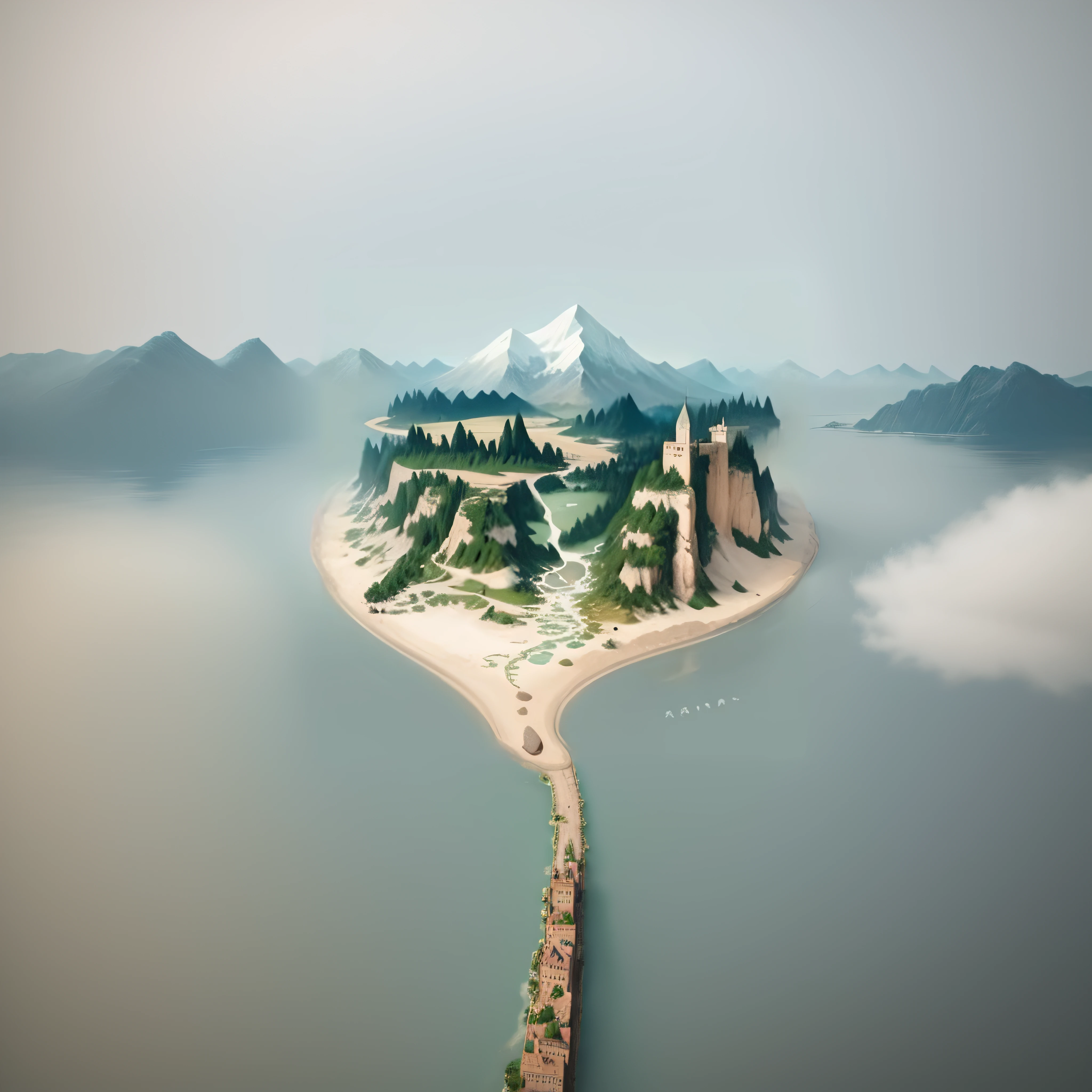 Photos taken from aerial view of the castle on the island, A beautiful artwork illustration, Digital 2D fantasy art, 4k highly detailed digital art, surreal concept art, landscape artwork, detailed fantasy digital art, Illustration matte painting, beautiful 3d concept art, scenery art detailed, 4K detailed digital art, Very Beautiful Digital Art, Beautiful digital artwork