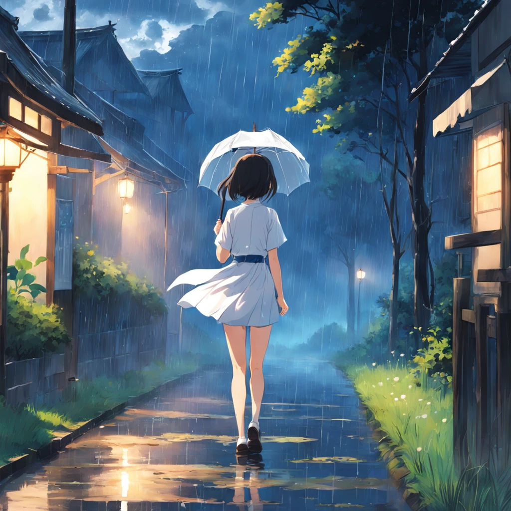 (Wear white short sleeves+blue short pants)The girl is holding a transparent umbrella,Standing alone on a country lane,A drizzle。(overcast sky+Light rain),The girl's back looked lonely。