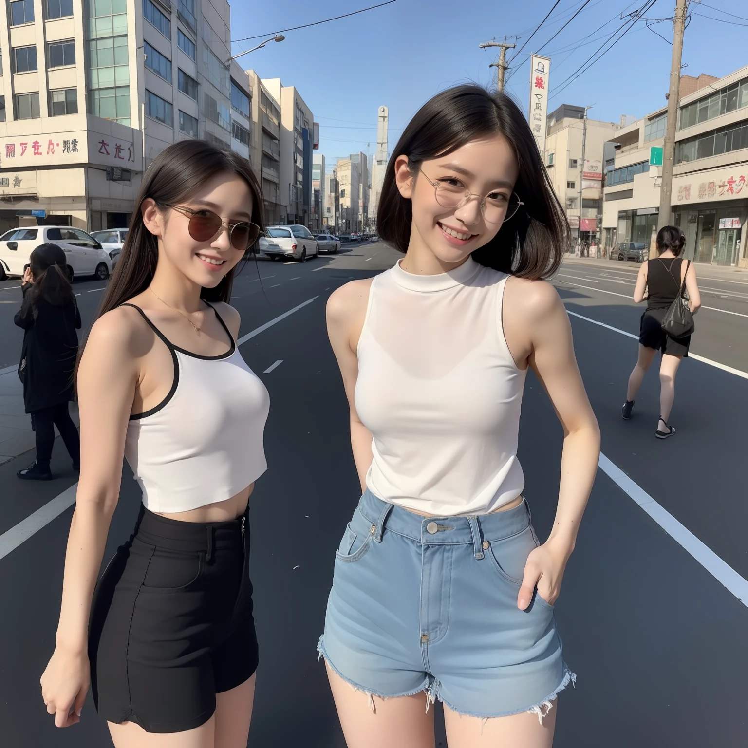 ((Japan Beauty))18year old、childish、poneyTail、(Full body shot 1.5)、A dark-haired、Wearing a white tank top、8K、Super beautiful、masterpiece、a beauty girl、cups(((Big Eyes 1.6))).Beautiful eyes、long lashes、thin lipss、(smile1.3)、white tank tops、Top White、posterior view、Shorts are visible、a miniskirt、Black miniskirt、Short boots、Wear black short boots、Background in the city、Intersection in the background、Background building、real looking skin、Beautiful skins、A mischievous smile、Super beauty、childish、Brown eyes、japanes、Turned、collateral、Constriction of the lower back、Tight buttocks、small ass、Let's take a peek inside、White shorts are visible、stick out buttocks、Rimless glasses、Glasses、Wear glasses、