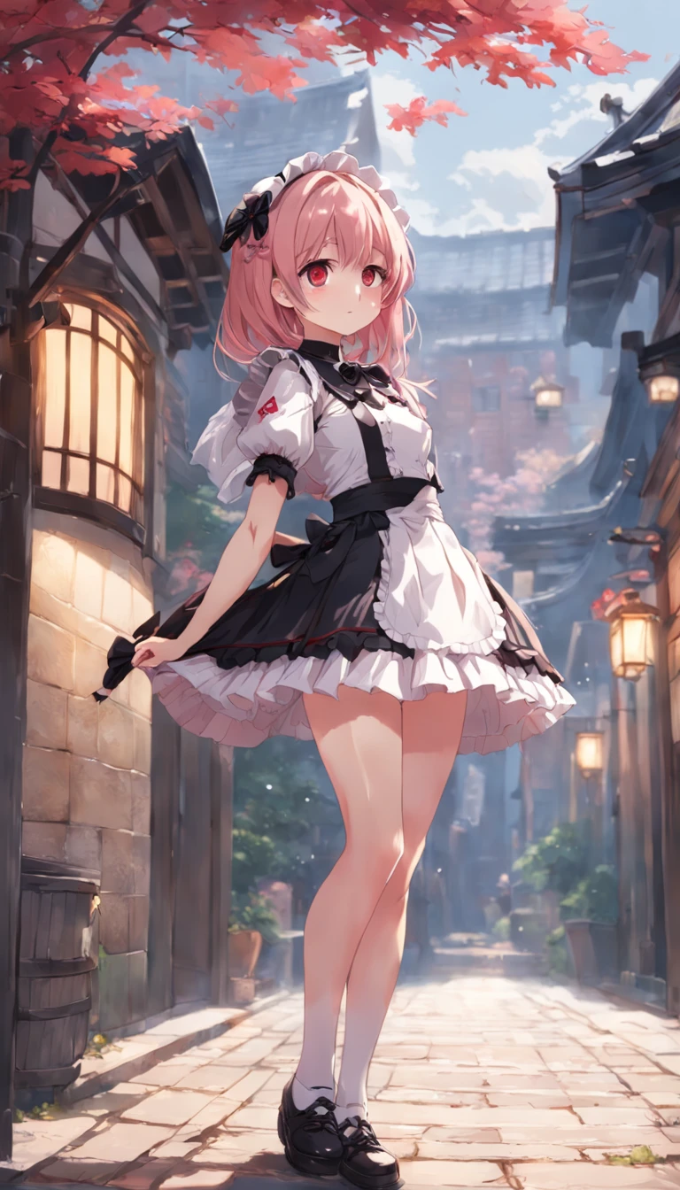 tmasterpiece, top-quality, 1girl in, 独奏, Kamimei、kinomoto sakura, Gothic Lolita, Maid clothes, Red blush, looking at viewert, is shy、En plein air, Brick floor,(Gothic Lolita), A miniskirt, (Edgee 1.0), Perfect body, over exposure, Bare with thighs,、pleatedskirt、Lots of ruffles、heartthrob、barechested、Photorealsitic、A high resolution、shiny skins、(((tucking up the skirt:1.3)))、(((White panties visible)))、naked エプロン