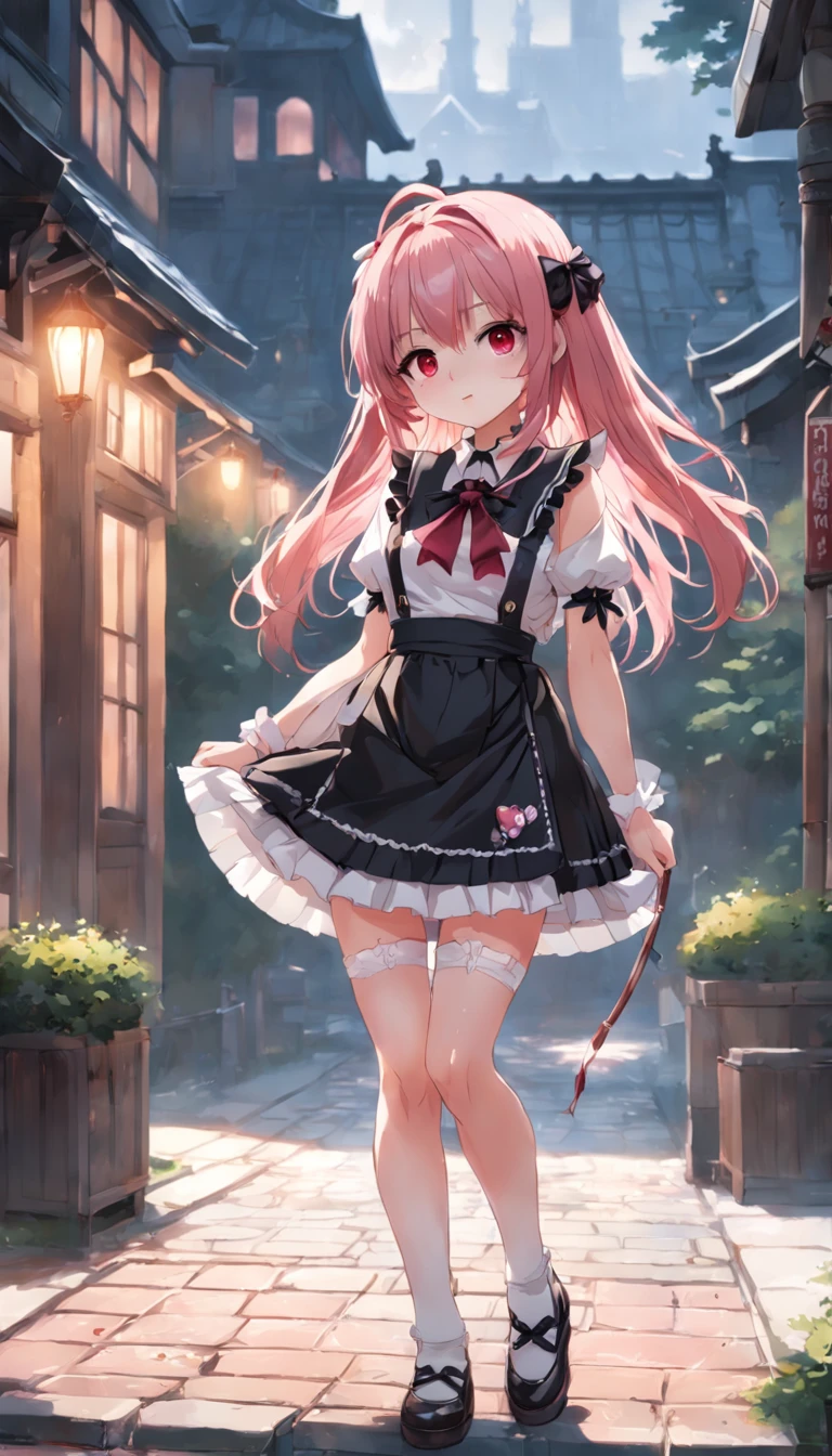 tmasterpiece, top-quality, 1girl in, 独奏, Kamimei、kinomoto sakura, Gothic Lolita, Maid clothes, Red blush, looking at viewert, is shy、En plein air, Brick floor,(Gothic Lolita), A miniskirt, (Edgee 1.0), Perfect body, over exposure, Bare with thighs,、pleatedskirt、Lots of ruffles、heartthrob、barechested、Photorealsitic、A high resolution、shiny skins、(((tucking up the skirt:1.3)))、(((White panties visible)))、naked エプロン