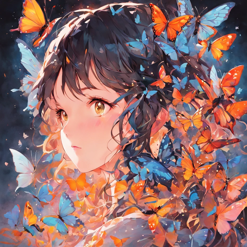 a girl has flowers on her face with butterflies over it, in the style of neo-pop collages, realistic forms, poetic still lifes, collaged constructions, brightly colored, juliana nan, henriette grindat