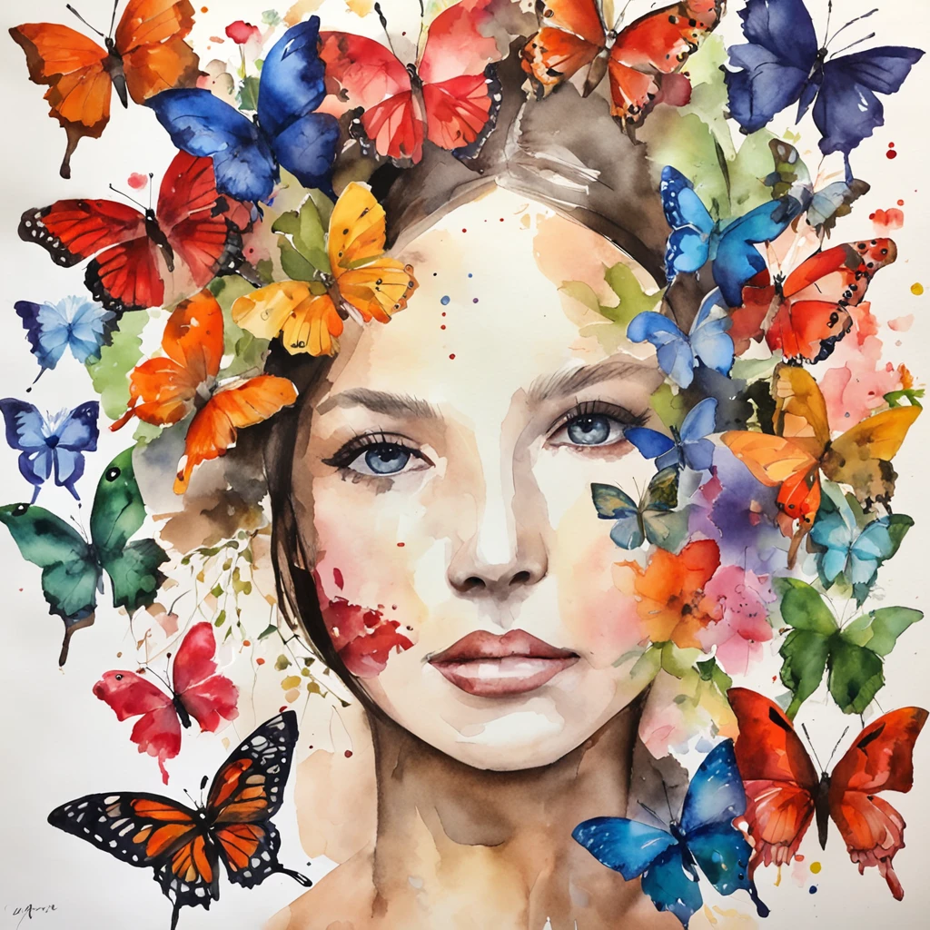 a girl has flowers on her face with butterflies over it, in the style of neo-pop collages, realistic forms, poetic still lifes, collaged constructions, brightly colored, juliana nan, henriette grindat