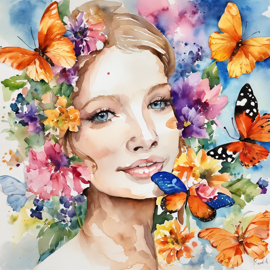 a girl has flowers on her face with butterflies over it, in the style of neo-pop collages, realistic forms, poetic still lifes, collaged constructions, brightly colored, juliana nan, henriette grindat
