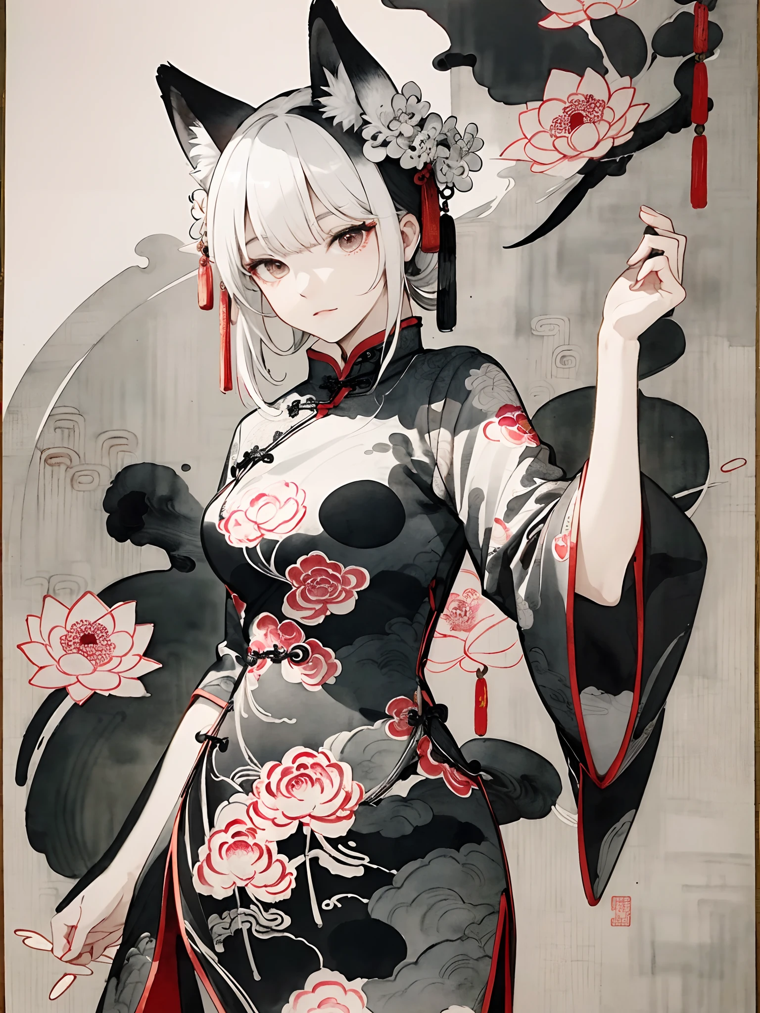 ((8K,masterpiece、top-quality))、((Traditional Chinese Ink Painting:1.4)),lotuses,((qipao dress:1.3)),Dress conservatively ,独奏、white hair、fox ear、blanche,looking at viewert