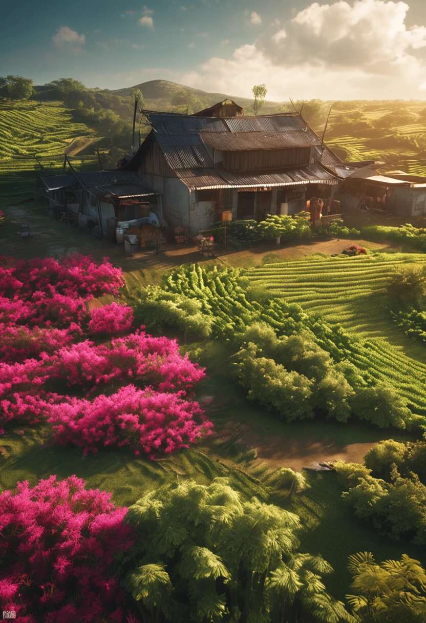 Heat and solar terms,Summer is getting cooler,farm land,ultra-realistic image,Real-world scenarios,8K分辨率,Meticulous and minimalist environment,The is very detailed,top-quality,artsy photography,Chinese pastoral style,Miniature scenes,Cinematic texture ,ISO 100,