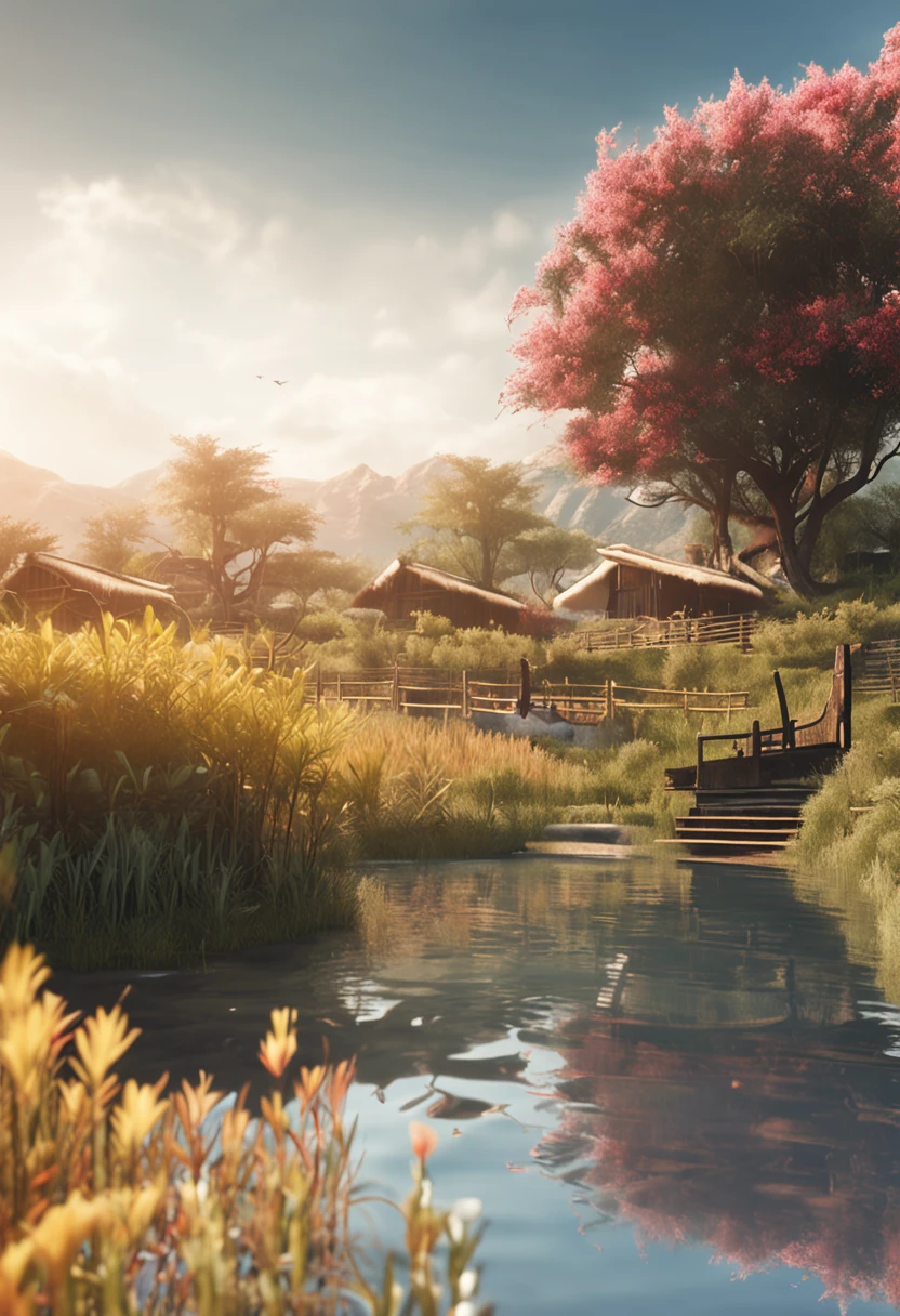 Heat and solar terms,Summer is getting cooler,farm land,ultra-realistic image,Real-world scenarios,8K分辨率,Meticulous and minimalist environment,The is very detailed,top-quality,artsy photography,Chinese pastoral style,Miniature scenes,Cinematic texture ,ISO 100,