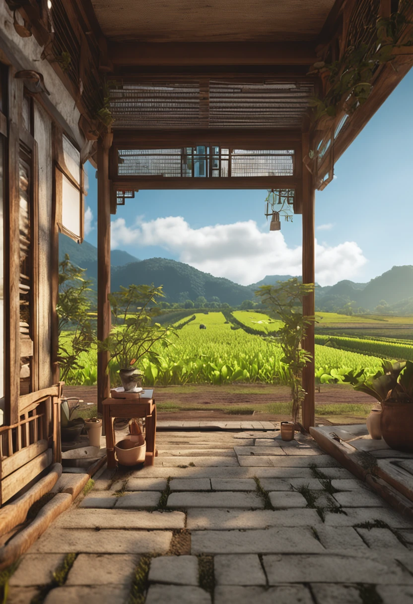 Heat and solar terms，Summer is getting cooler，farm land，ultra-realistic image，Real-world scenarios，8K分辨率，Meticulous and minimalist environment，The is very detailed，top-quality，artsy photography，Chinese pastoral style，Miniature scenes，Cinematic texture ，ISO 100，