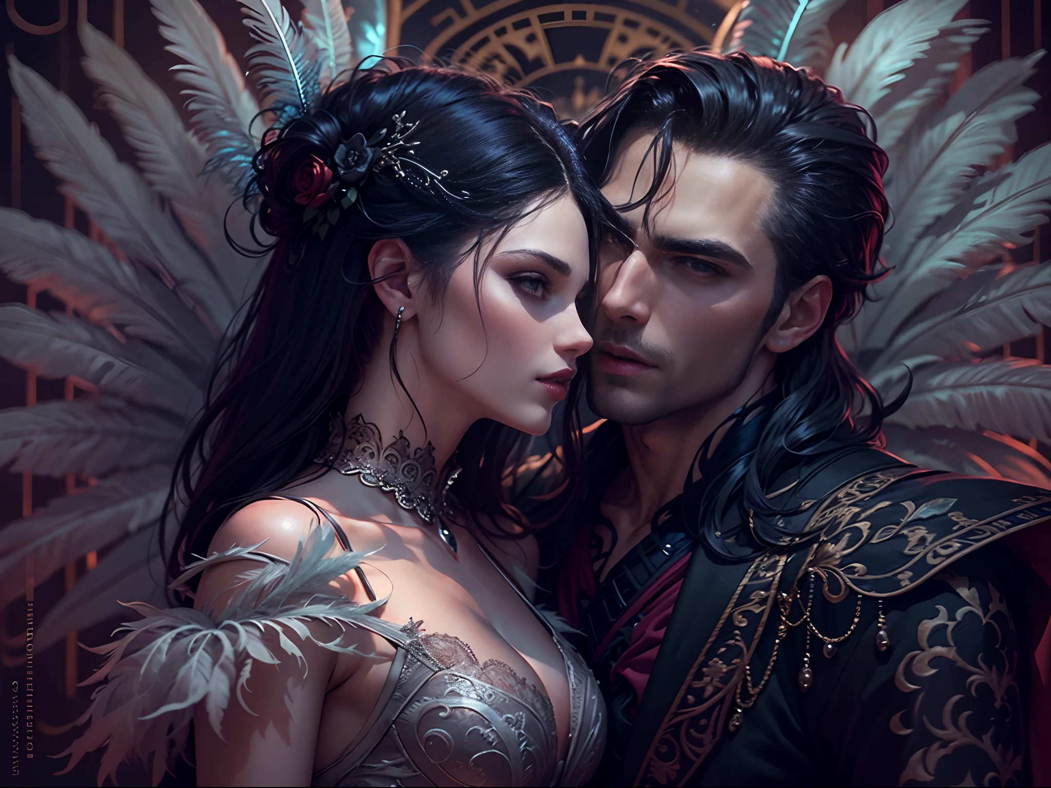 Extremely detailed faces, 8k, gothic handsome fit male vampire, woman straddling him in intricate dress with detailed feathers, gothic romance, passionate kiss.