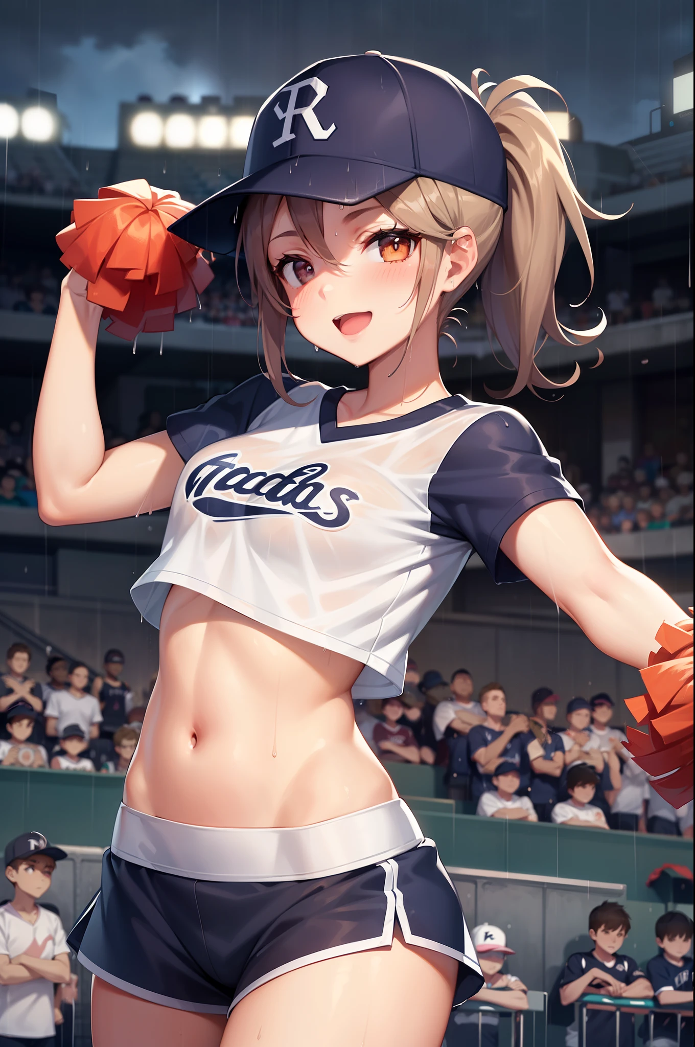 (topless), nsfw, masterpiece, 1 girl, erect nipples, nipples, navel, necklace, denim shorts, smiling, bare breasts, bare stomach, sweaty, cowboy shot, small breasts, puffy nipples, hair ribbon, texts, bare arms, hands on waist, elbows, happy, outdoors, audiences, crowd, stadium, track field, light brown hair