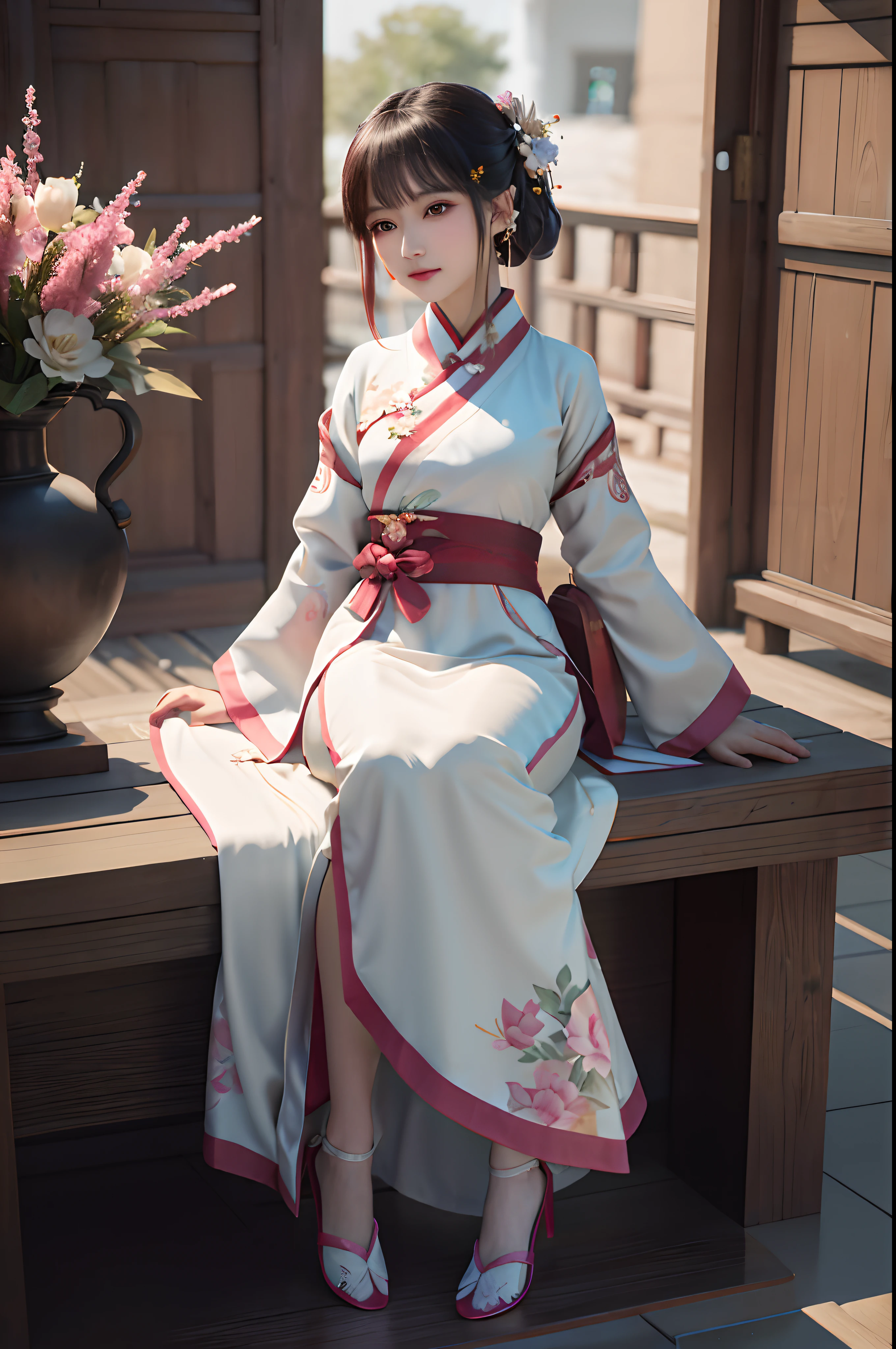 there is a woman that is sitting down on a bench,Holding a vase of flowers in his hand, White Hanfu, Palace , A girl in Hanfu, Wearing ancient Chinese clothes, elegant cinematic pose, with acient chinese clothes, Hanfu, classic kimono, wearing aristocrat robe, Chinese costume, Princesa chinesa antiga, wearing dramatic aristocrat robe, doing an elegant pose over you