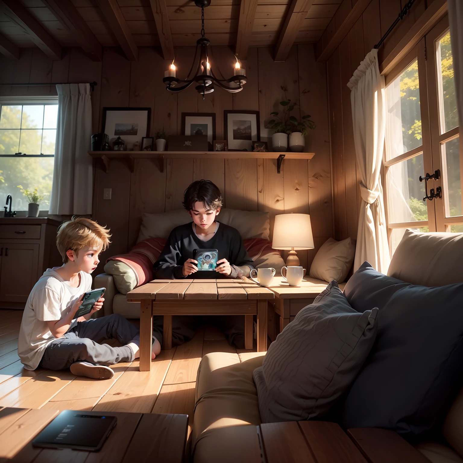 Boy playing games at home,Brush up on leisure,Relaxing scene,Cozy cottage,cozy environment,8K,hyper HD,Ultra-realistic graphics,Boy holding a game console