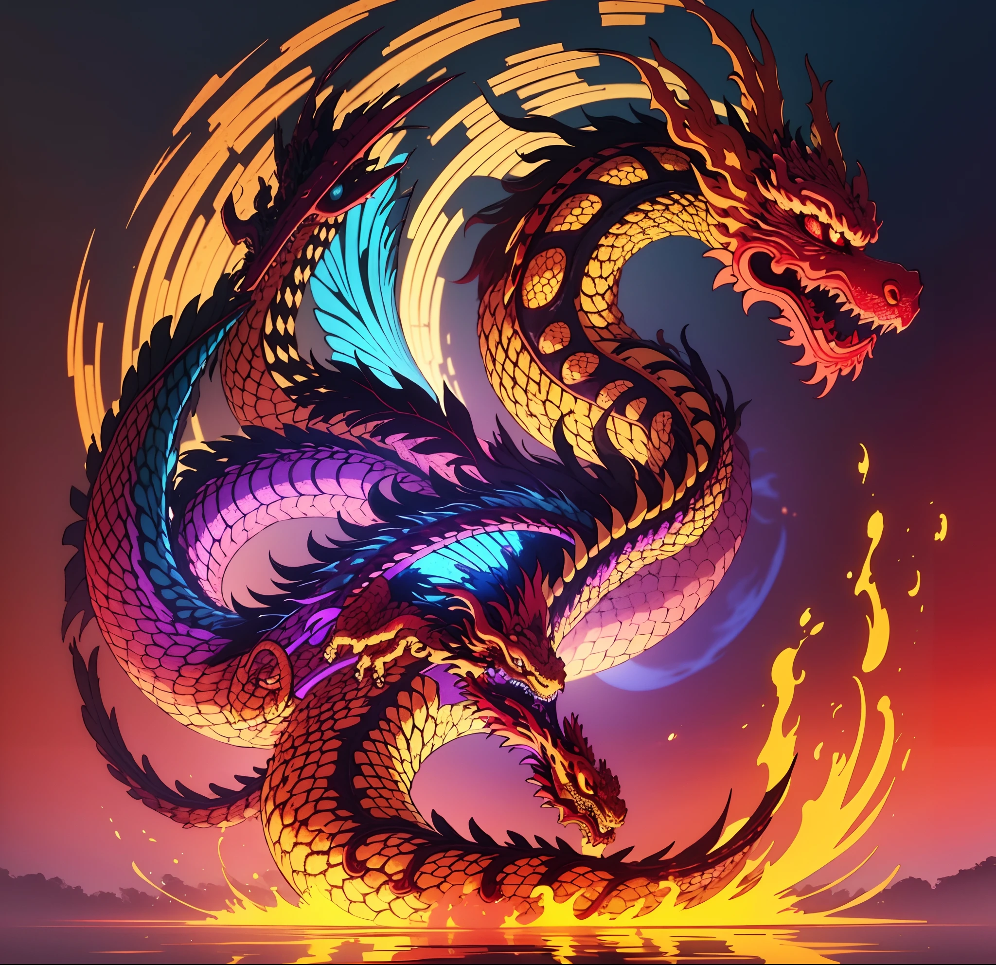 chinesedragon,Magnificent,China-style,blood-red,slightly golden、blue colors、purpleish color、amarelo