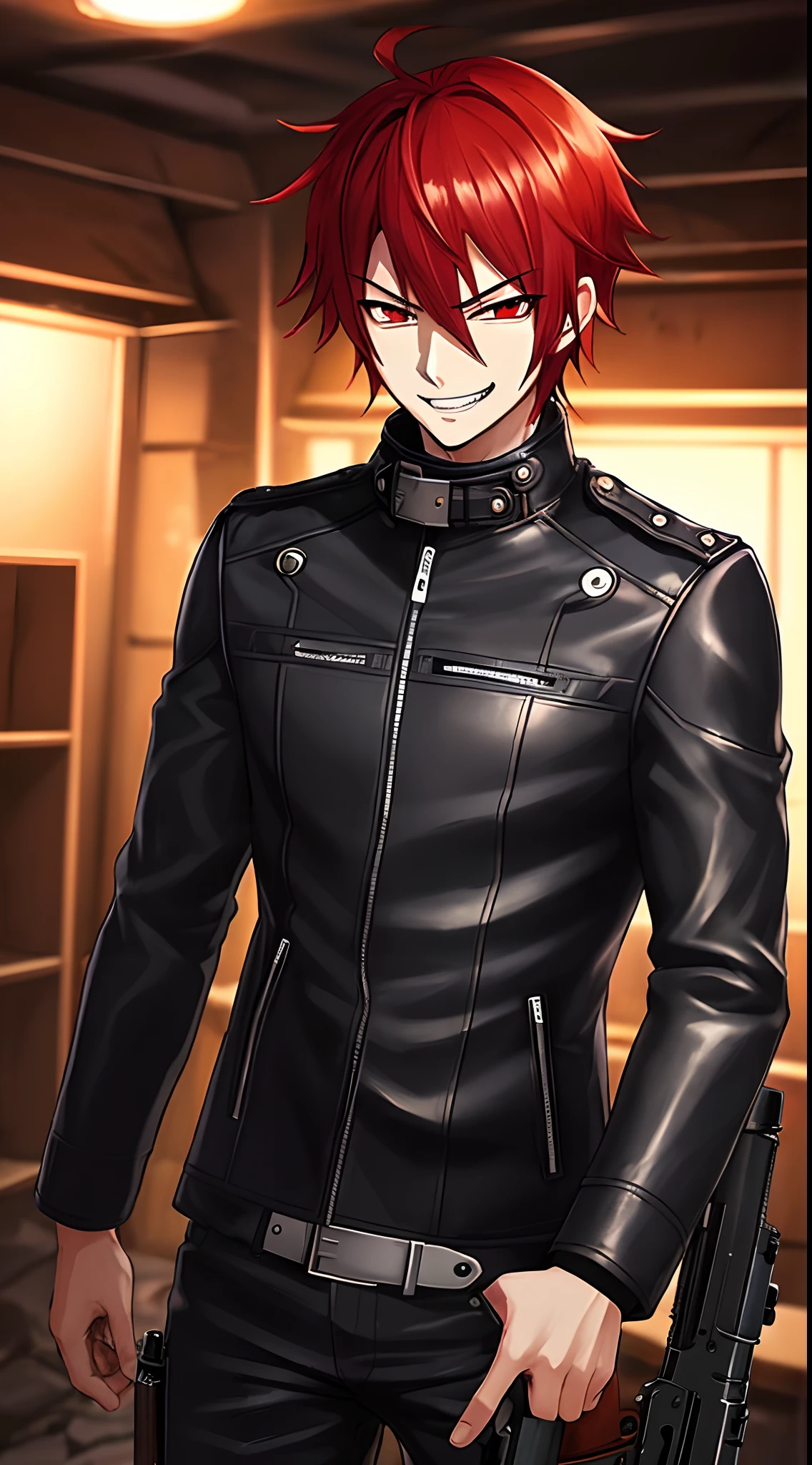 Anime character with red hair and black leather jacket holding a gun ...
