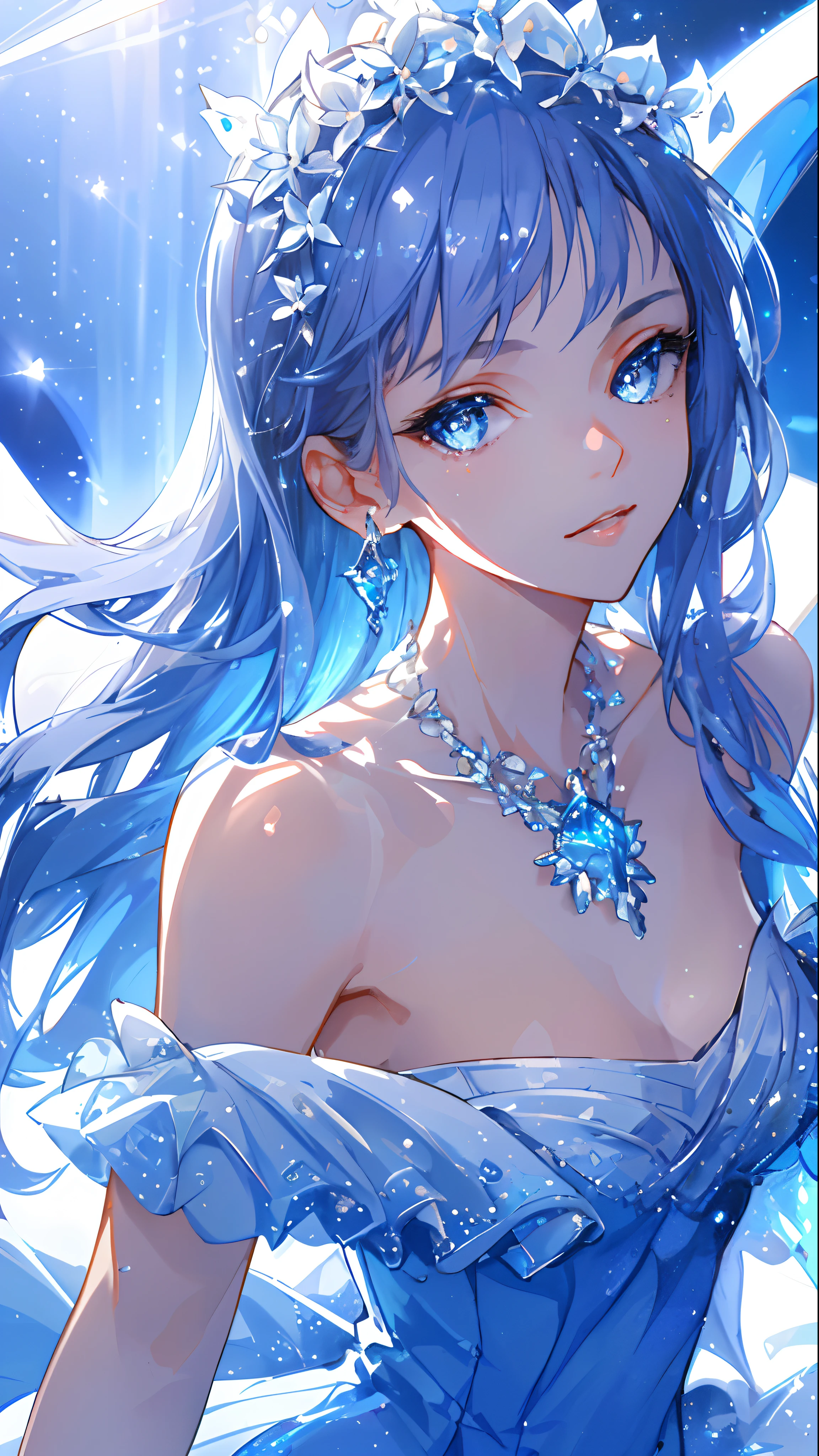 masterpiece, best quality, illustration, sax blue, platinum earrings, platinum necklace, white dress, 1girl, cute, (dynamic lighting:1.2), cinematic lighting, delicate facial features, detailed eyes, sharp pupils, realistic pupils, depth of field, bokeh, sharp focus, (hyper-detailed, bloom, glow:1.4), many small gems