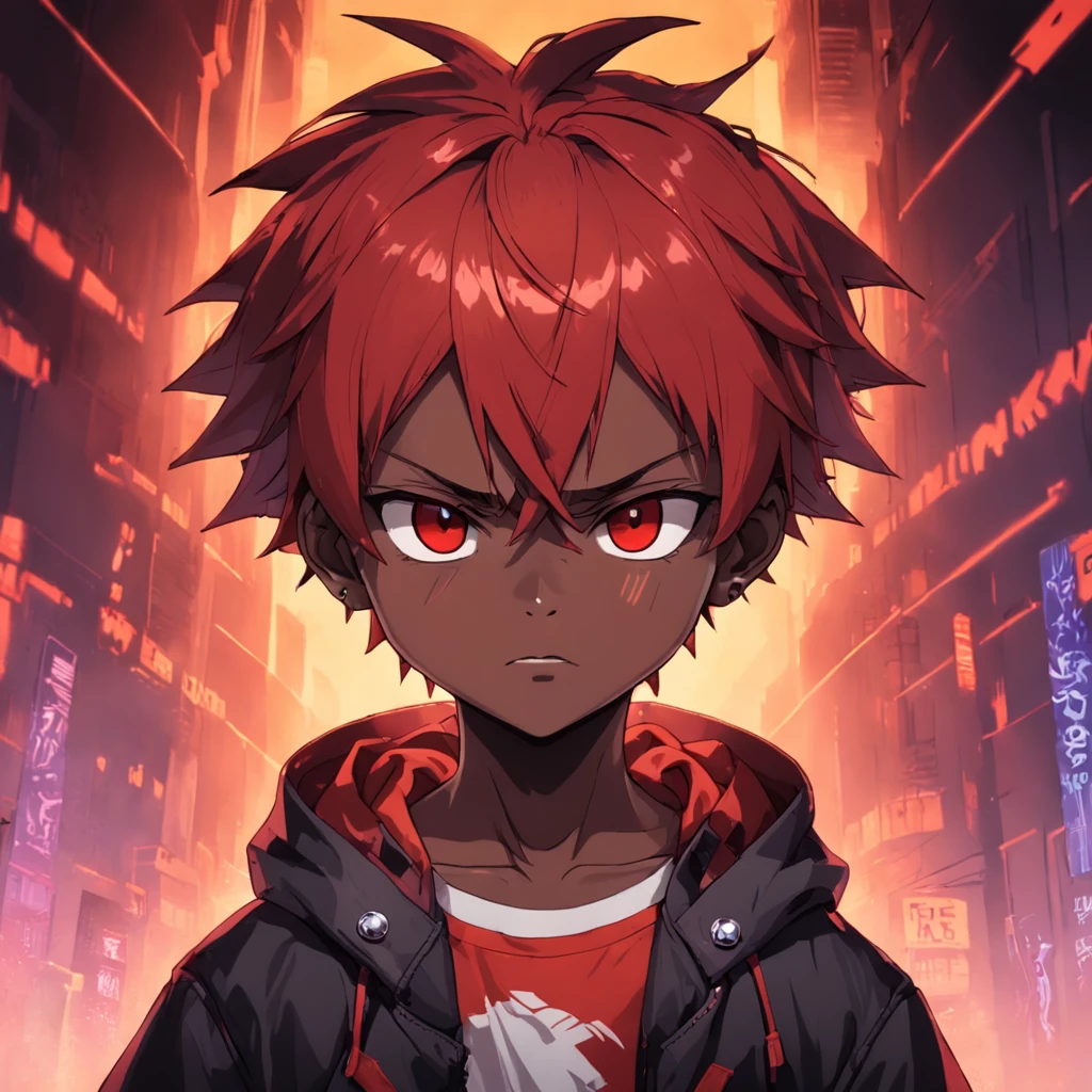(Masterpiece, Top quality, Best quality), pix,Pixel art,1boy,full bodyesbian, Cyber Jacket,Black-skinned little boy, One eye is red in color , Red color hair, Short hair, Angry face, Male,Wear a crown on your head