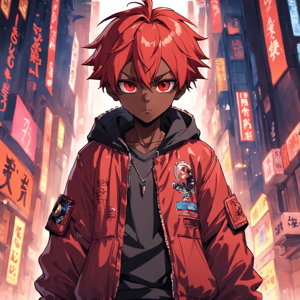 (Masterpiece, Top quality, Best quality), pix,Pixel art,1boy,full bodyesbian, Cyber Jacket,Black-skinned little boy, One eye is red in color , Red color hair, Short hair, Angry face, Male，Wear a crown on your head