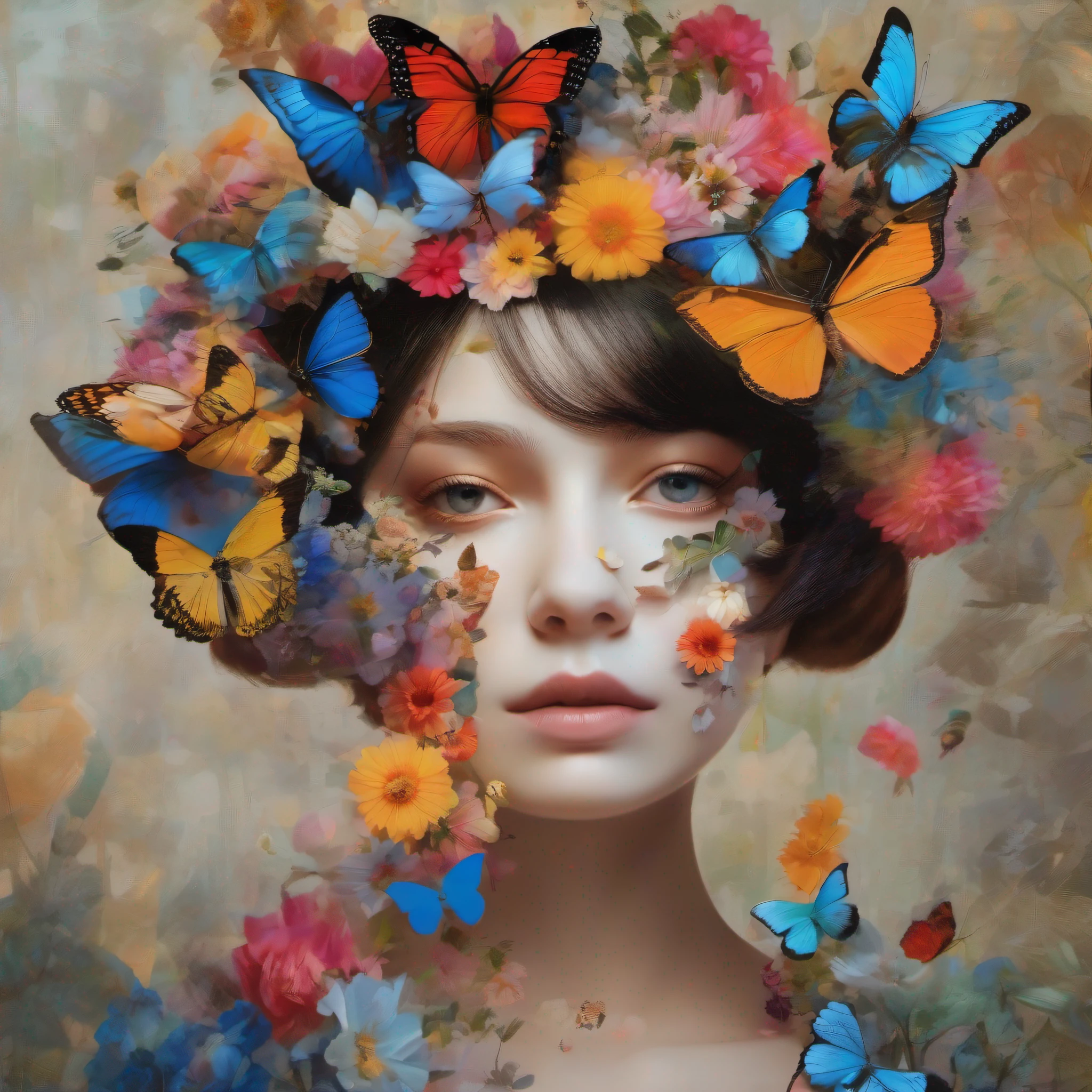 a girl has flowers on her face with butterflies over it, in the style of neo-pop collages, realistic forms, poetic still lifes, collaged constructions, brightly colored, juliana nan, henriette grindat