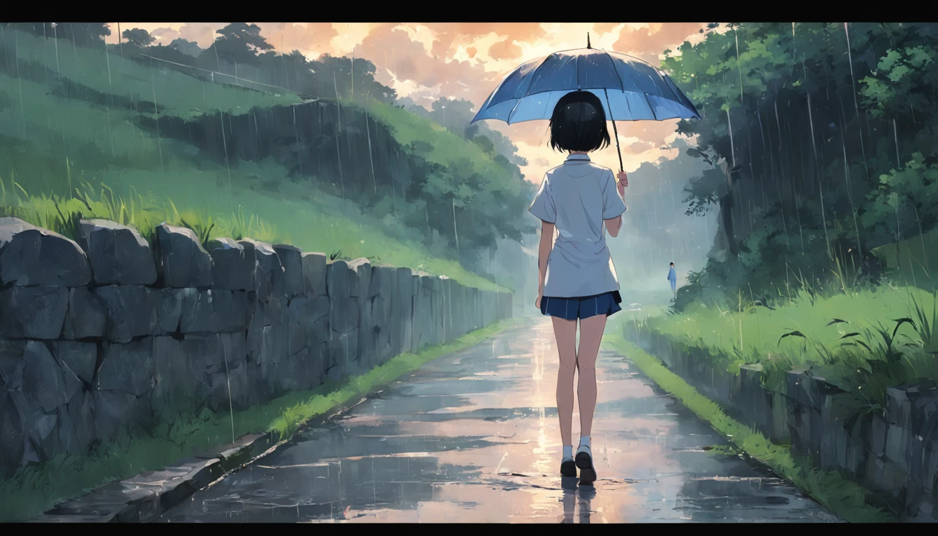 (Wear white short sleeves+blue short pants)The girl is holding a transparent umbrella，Standing alone on a country lane，A drizzle。(overcast sky+Light rain)，The girl's back appears lonely in the lower right corner of the picture。