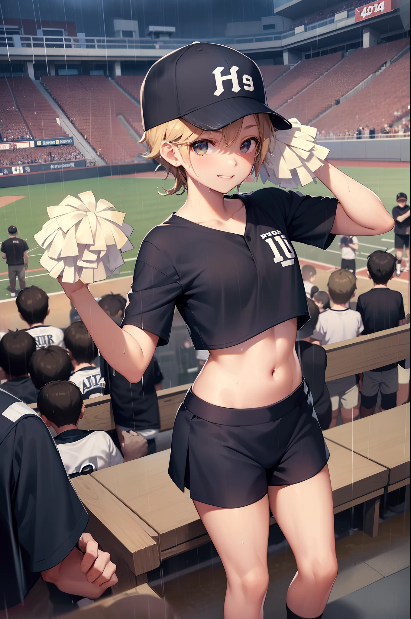 1girl in, cheer girl, Baseball Stadium.(By the stairs). (In the rain:1.5). (Pom-poms used for cheerleading).(Cap).(Shorts).(Short sleeve).(4+Boys:1.8). (Bright and cheerful smile).master piece, High resolution, Ultra high definition, of the highest quality, Very detailed, Professional Lighting, of the highest quality, spectator seats, Packed auditorium, Forehead, Ponytail, By the stairs, (Baseball Stadium))), at noon, Cap, (Forehead), photographer, (((Watching Baseball))). Anatomically correct, high details. Perfect Anatomy, Best Quality, Textured skin, Super Detail .(Pom-poms used for cheerleading).Hair Band