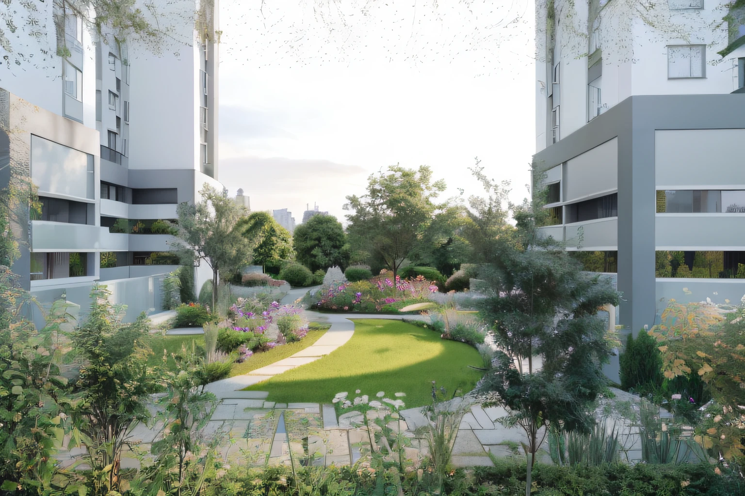 there is a courtyard with a bench and a little trees, garden pathway winding, outdoor curved pathway, mid-view, wide-angle exterior 2022, skyscrapers with greenery, nature growing around the city, artistic impression, nature returning to the city, with a garden as foreground, rendering, hyper-realistic render, hyper-realistic render, detailed rendering, residential area, with a garden