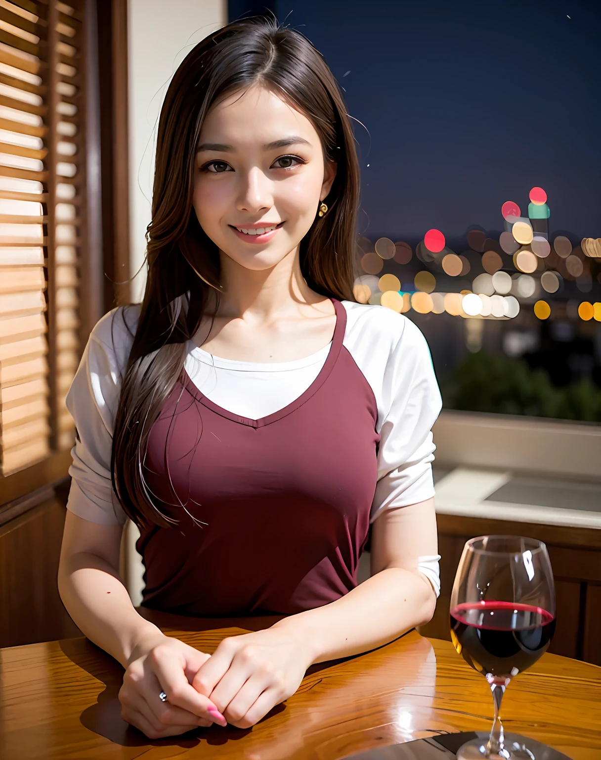 Change to a T-shirt with French sleeves。Make sure you can see all the wine glasses。