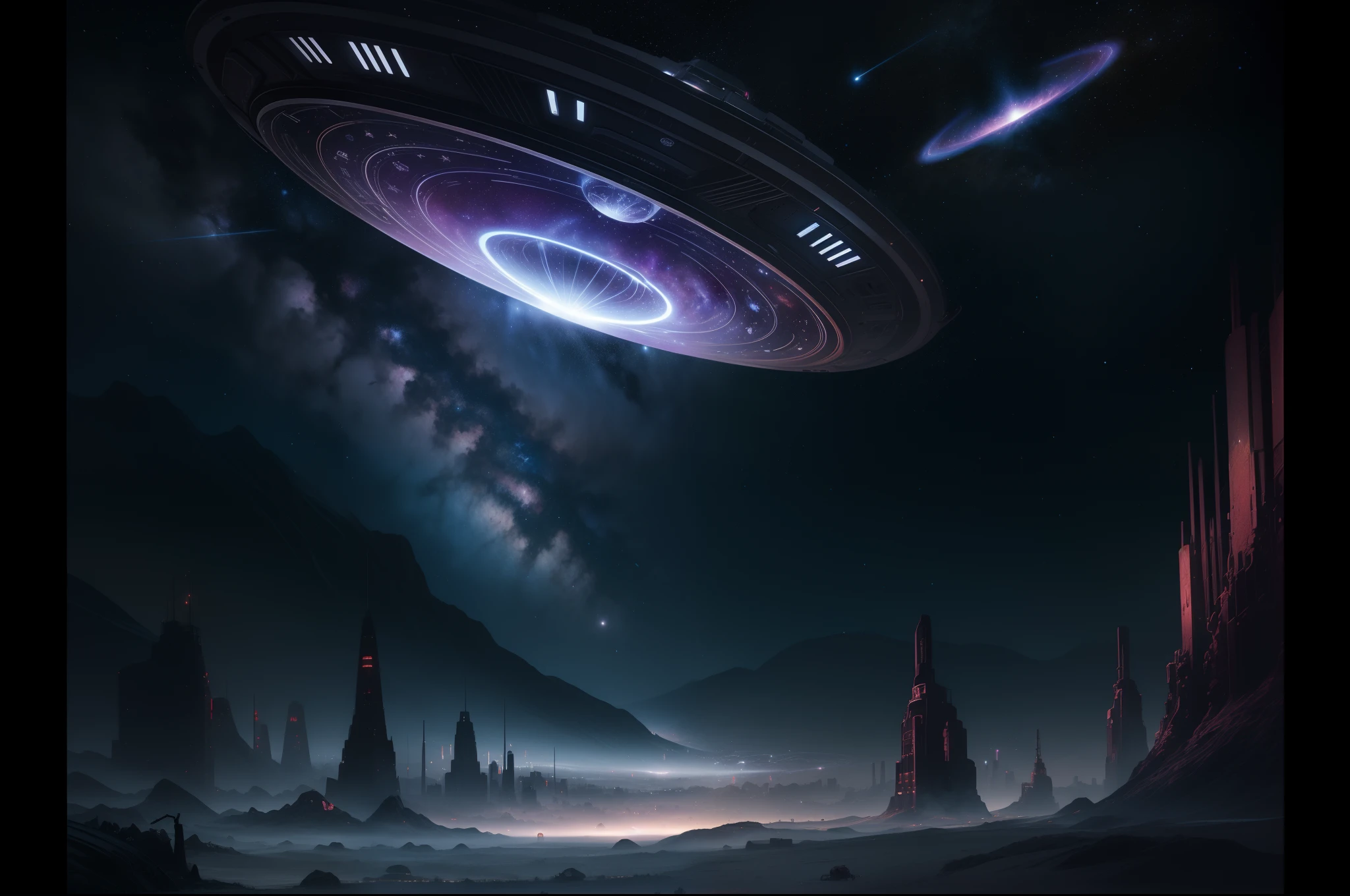 sf game, image of alien Invasion, science fiction, 1 large unidentified flying object, cattle mutation with illumination lighting, crop circle farm background with starlight in nebula sky in starlight, pencil art, gouache paint coloring, fantastic realism, professional art work, concept detailed art, multilayered, design a visually captivating image, detailed drawing, absurd resolution, ultra fine detailed, ultra quality, cinematic still, 16k, conceptual contrast, dark intricate surface detail, best quality, masterpiece, beautiful detailed, highly detailed texture,
