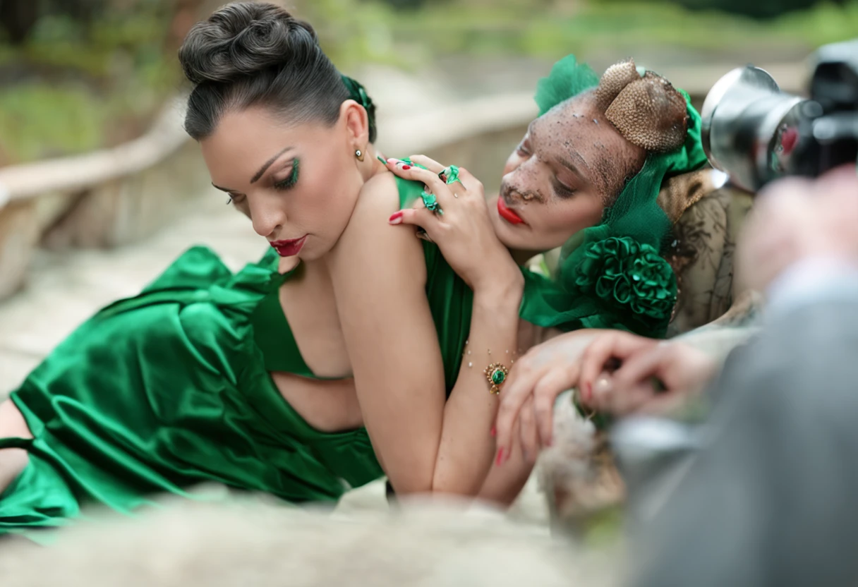 Green Pearl Necklace, Satin green long gloves, lipsticks, Green shorthair, satin, Green dress, bride, the kiss, A smile, pregnant woman, The tattoo