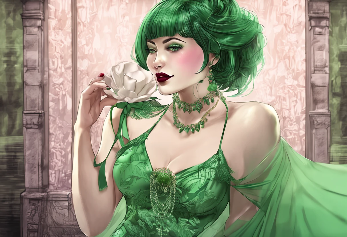 (1960s \(style\)), pin-up style, thin woman in a tight-laced ornate corset, huge hanging breasts spilling over the top, skindentation, ornate filigree, perfectly styled hairdo, green hair, parted red lips, juicy lipstick, ruffled panties, long legs, stockings, soft lighting, beautiful rich bedroom, hyper realism, 8k,