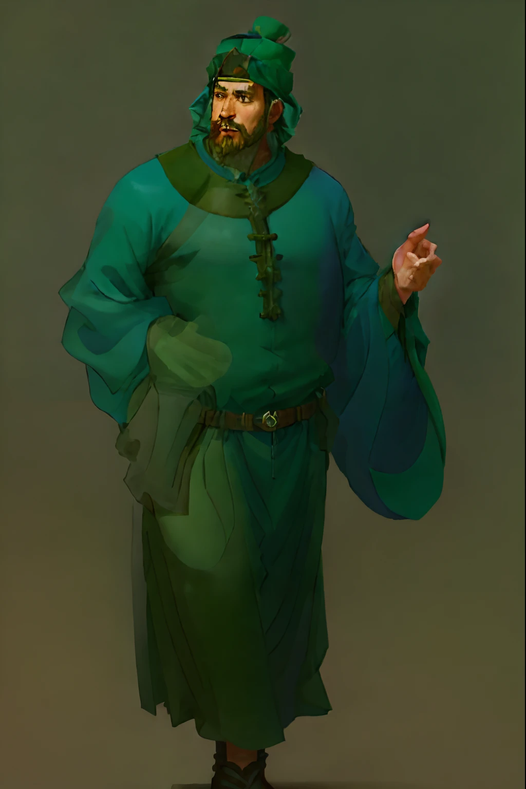 Ancient figures， During the reign of Emperor Renzong of the Northern Song Dynasty，Ancient high official，male people，Clear facial features，One hand is hidden in the sleeve，A hand is exposed，potbelly，Burly，Dark green clothing，Wearing an ancient hat on the head，There is a beard