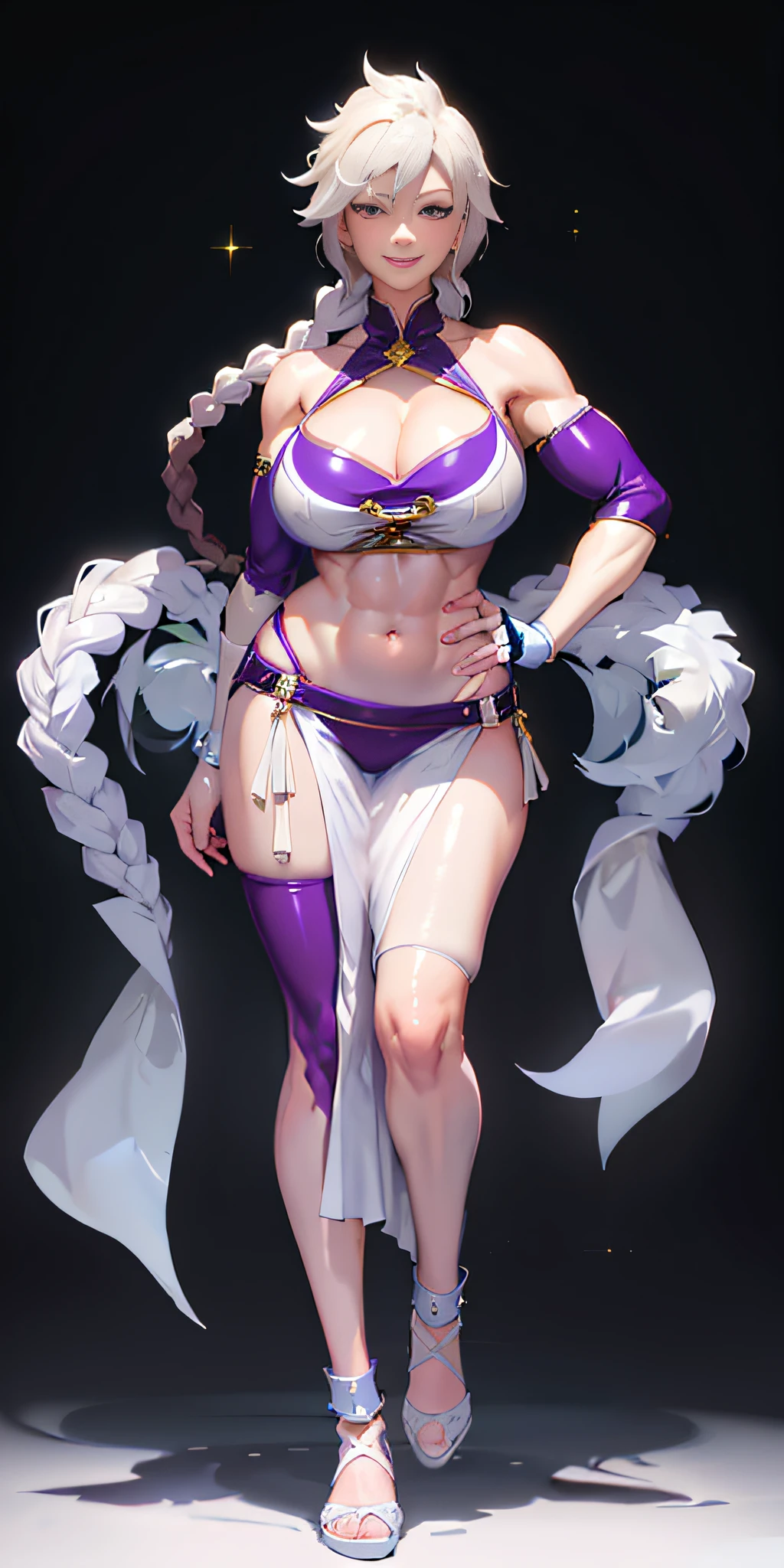 (masterpiece, hiquality: 1.1) 1girl full body standing good face, nice ass, hairstyle: braid, Color Hair: White long hair, Blindfolded: NO EYES, Skin: White (porcelain skin, sparkly skin), muscular, thights, Mature woman, Abs, looks at the viewer smiling, Extremely huge breasts, maternal, chest cover with clothes