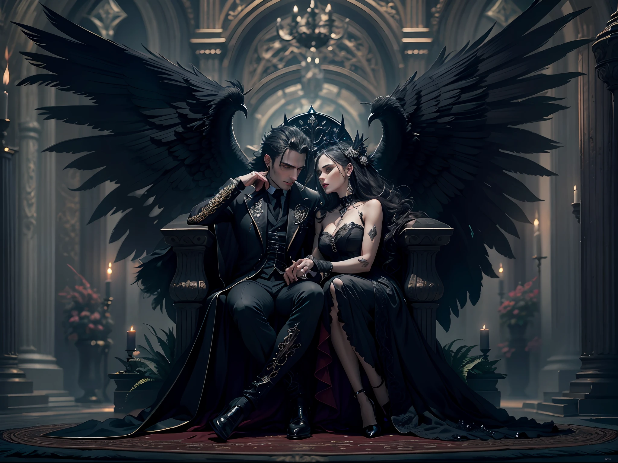Extremely detailed faces, 8k, gothic couple sitting on a throne , handsome fit male vampire with giant black angel wings, woman sitting on his lap wearing intricate dress very detailed with feathers,gothic romance, passionate kiss