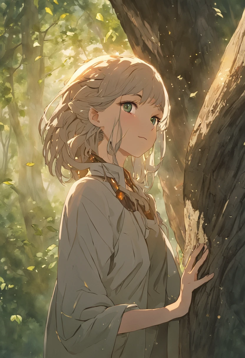 Retrato de corpo inteiro, belissima jovem ninfa da terra orgulhosa. ombros pequenos, despida na floresta. She's leaning on an old oak tree. Realistic facial features. realistic hands,bonita,sensual,cabelos brancos,compridos,olhos escuros, National Geographical Composition. Sunset and fire lighting, uma pequeno bosques densos no fundo de colinas. um toque de cor vibrante brilhante para sua pele
