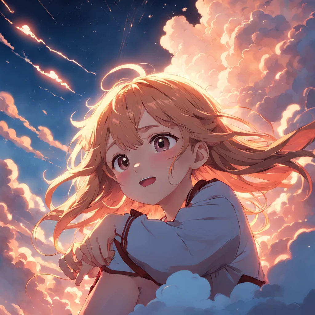 masterpiece, best quality, movie still, 1girl, cloud girl, floating in the sky, close-up, bright, happy, warm soft lighting, sunset, (sparks:0.7)