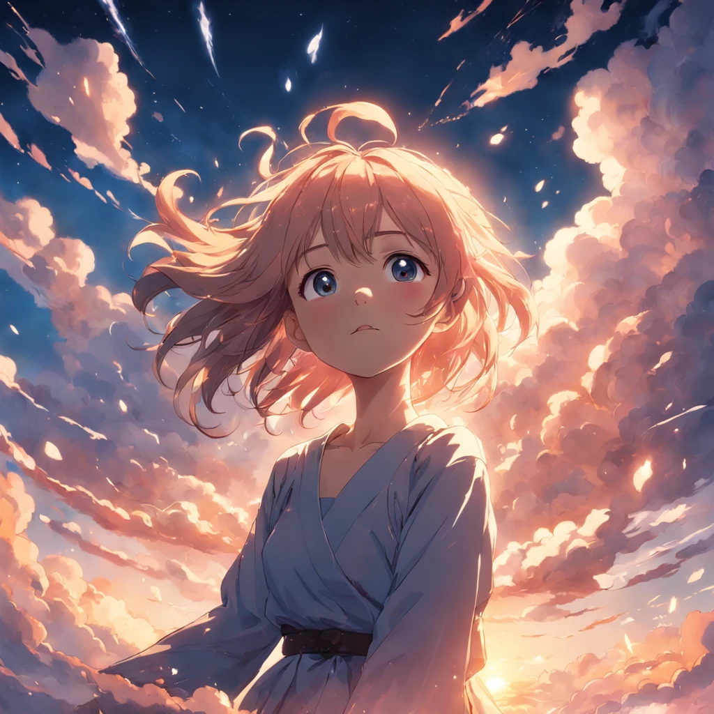 masterpiece, best quality, movie still, 1girl, cloud girl, floating in the sky, close-up, bright, happy, warm soft lighting, sunset, (sparks:0.7)