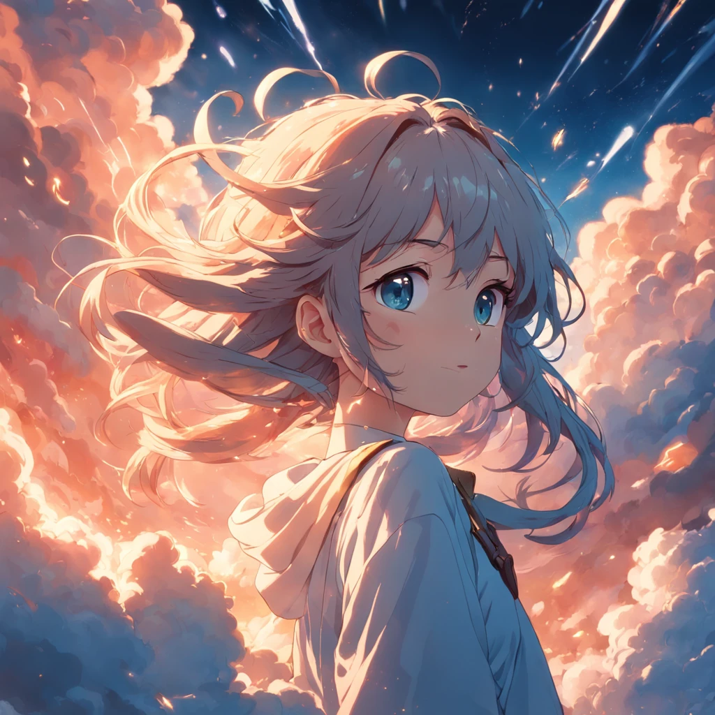 masterpiece, best quality, movie still, 1girl, cloud girl, floating in the sky, close-up, bright, happy, warm soft lighting, sunset, (sparks:0.7)