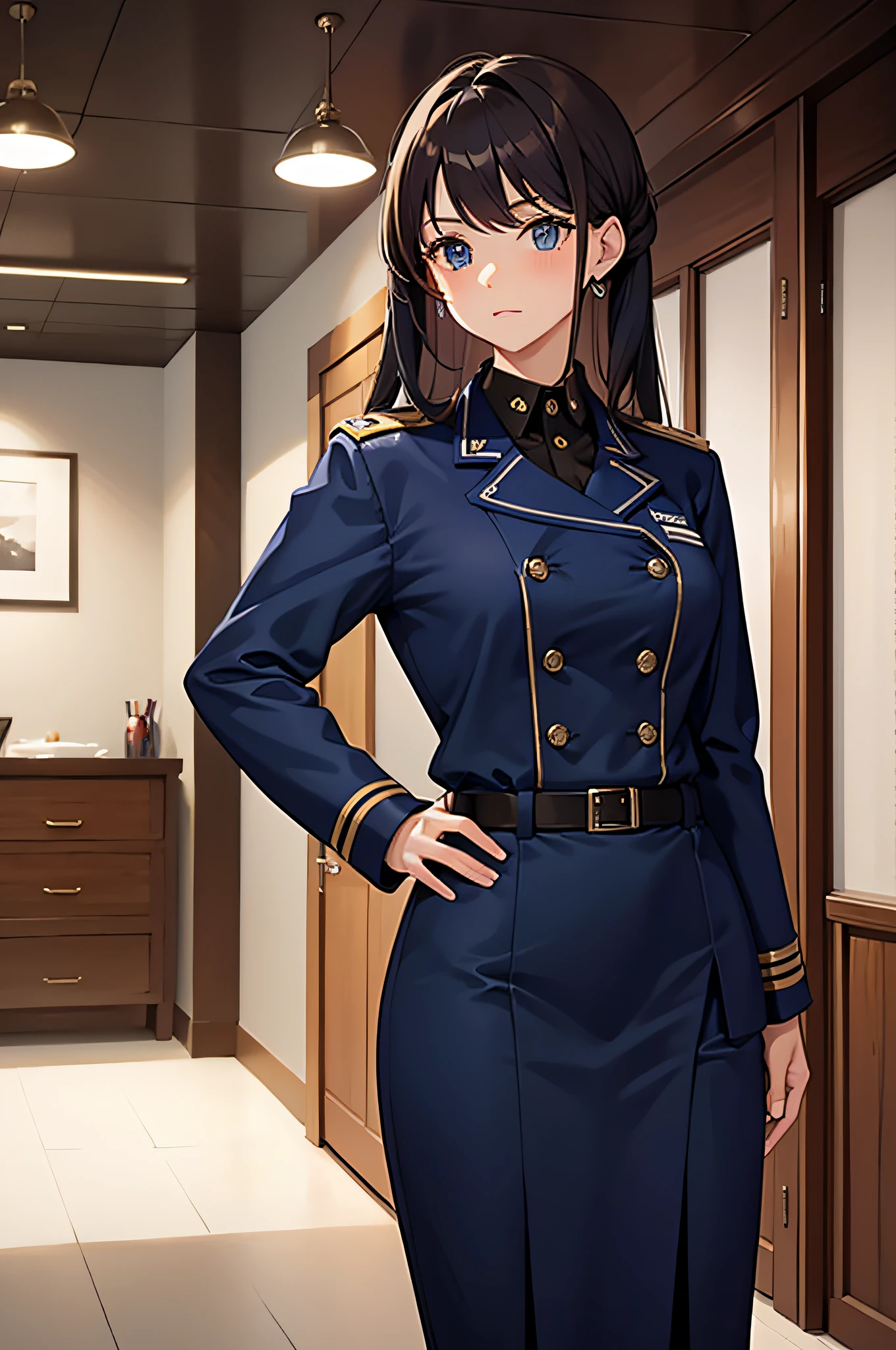 (highest resolution, distinct_image), best quality, masterpiece, very detailed, semi-realistic, a woman, solo, confident and strong, proud and smart, black military cap, black trousers, military uniform, medal, standing, cool, Serious, cold, calm, spaceship, military academy, study room