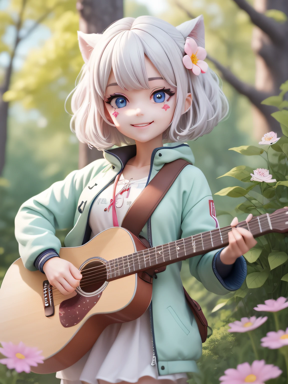 (Masterpiece),(Best quality),(Ultra-detailed), (full bodyesbian:1.2), 1girll,tchibi,kawaii, Smile, Outdoors, Playing guitar, music, holding guitars, Jacket, Blush, big trees, battle robes, short hairs, Sakuga, bblurry, White hair, Blush stickers, Long sleeves, White hair, pink flower, (handsome detailed face), (Beautiful detailed eyes),
