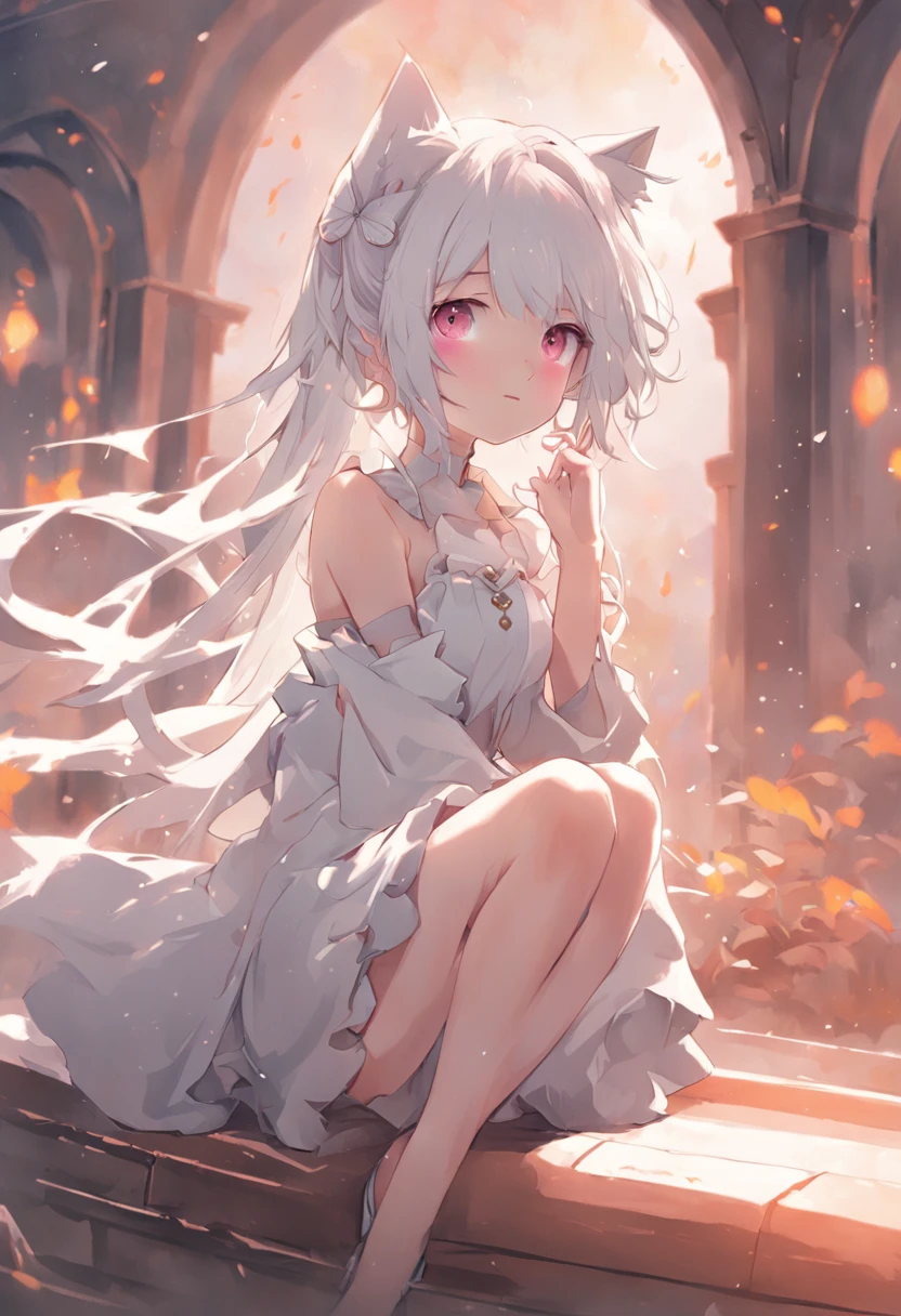 Anime girl sitting on bench,There are cat ears on the head, white dresses!! silber hair, cute anime waifu in a nice dress, Lori was undressed, white-haired god, gray-haired girl, Perfect girl with white hair, Güvez on Pisif Art Station, whaite hair, Flowing white hair, guweiz on artstation pixiv,Love in your eyes,Side face smile