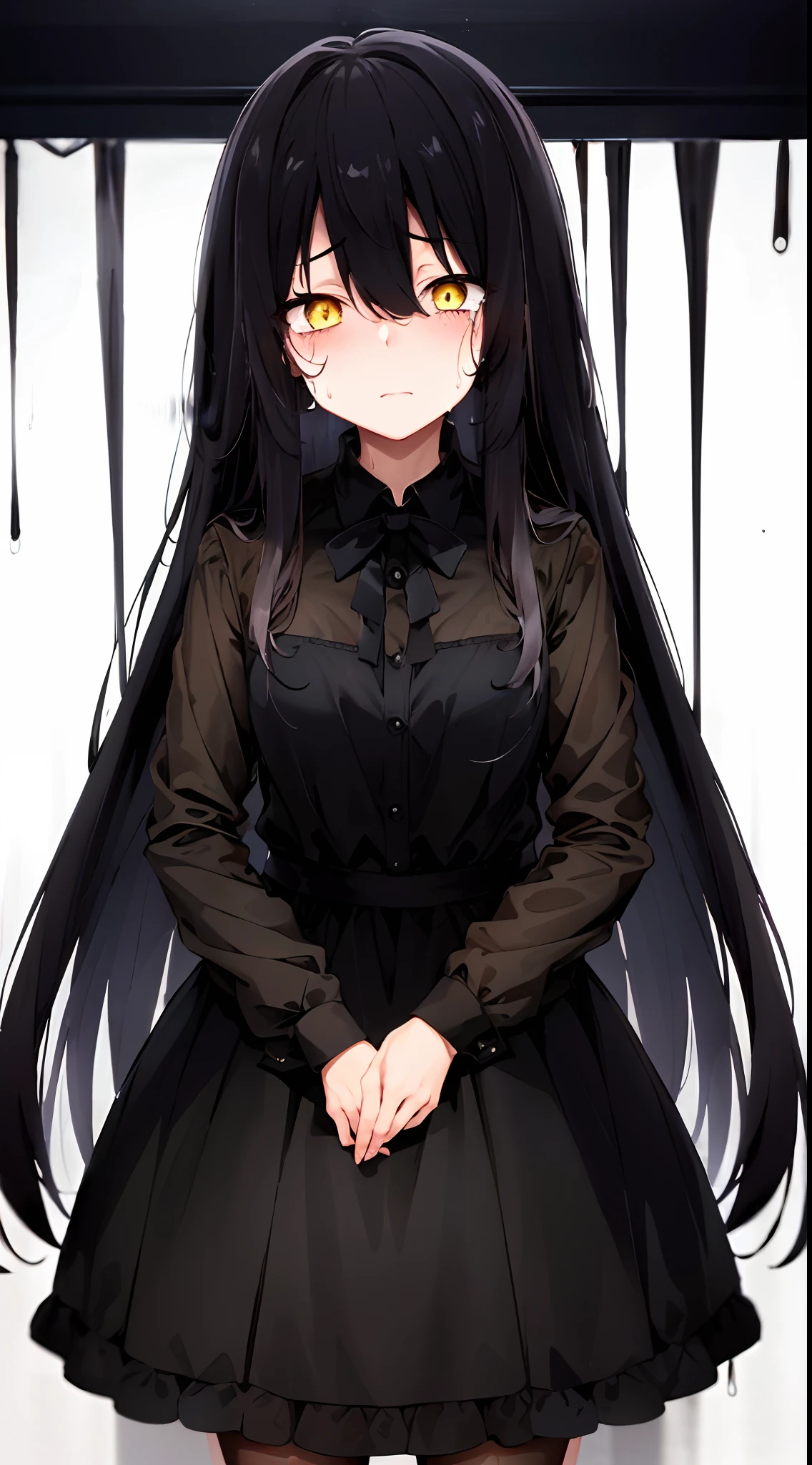 (mieruko:1.3), 1girl, standing, scared, tears, sweat drips, black tie, yellow detailed eyes, long black hair, big eyes, (open mouth:0.1), detailed pupils, horror \(theme\), woman, (elegant clothes), thighs, standing, 20 years old