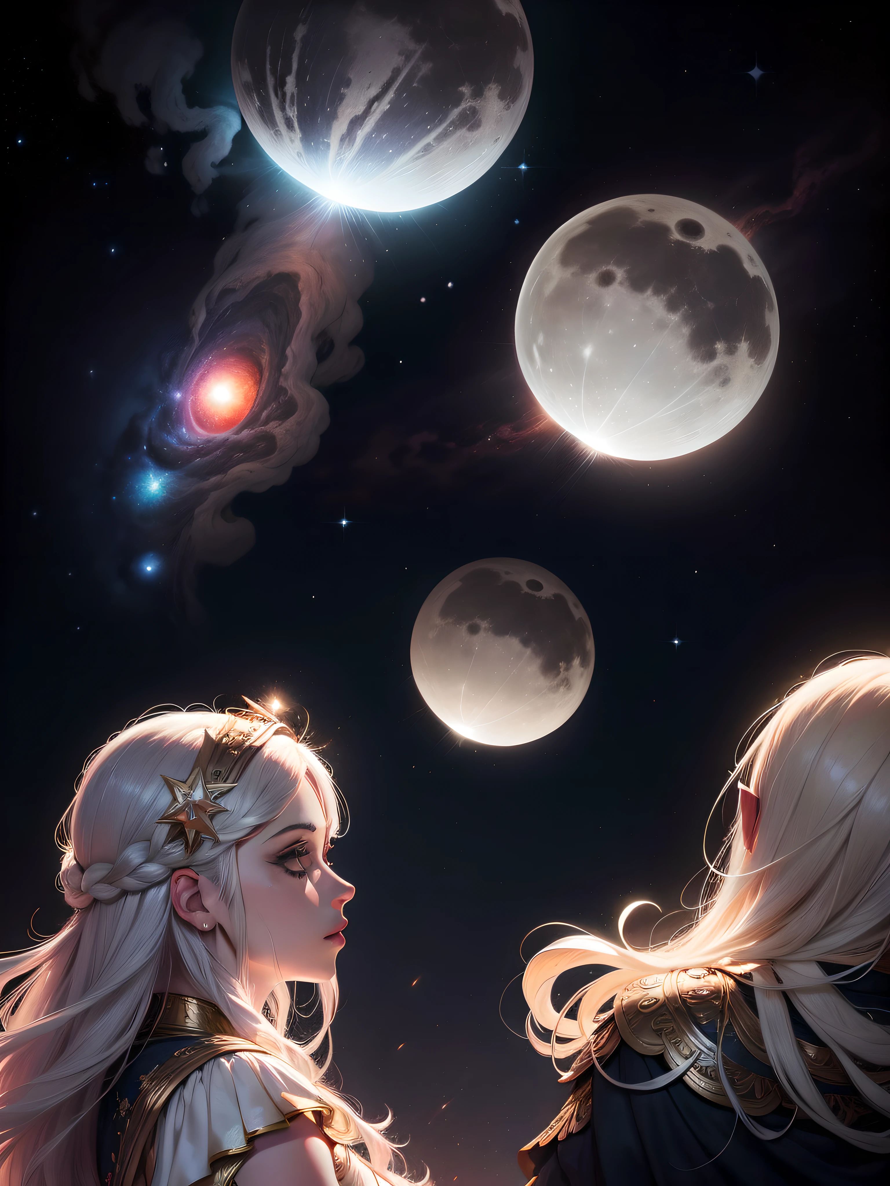 "Moons of Jupiter, galaxia nebulosa, color completo, luces brillantes, estrellas". epica ecena