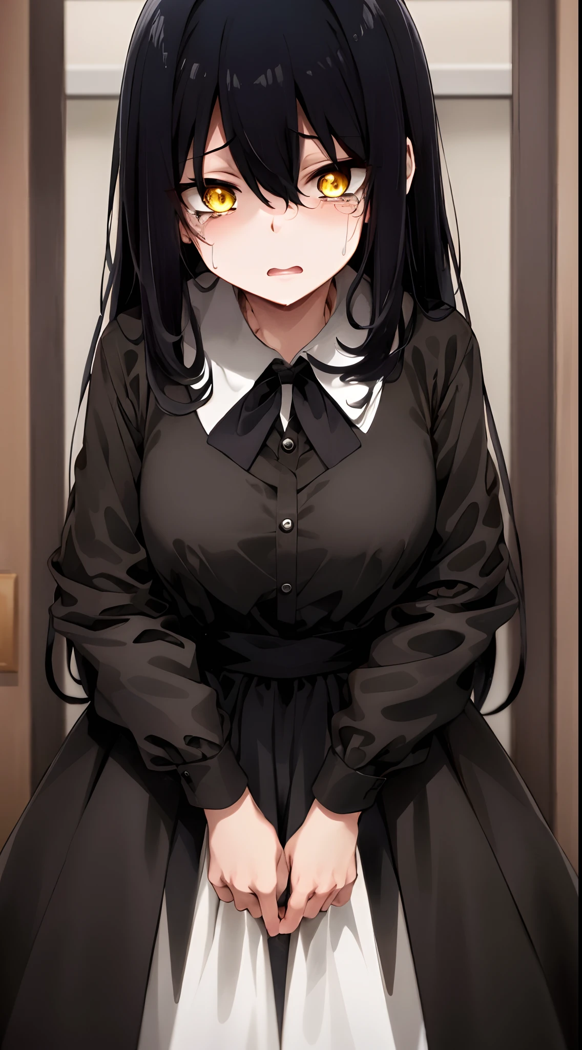 (mieruko:1.3), 1girl, standing, scared, tears, sweat drips, black tie, yellow detailed eyes, long black hair, big eyes, (open mouth:0.1), detailed pupils, horror \(theme\), woman, (elegant clothes)