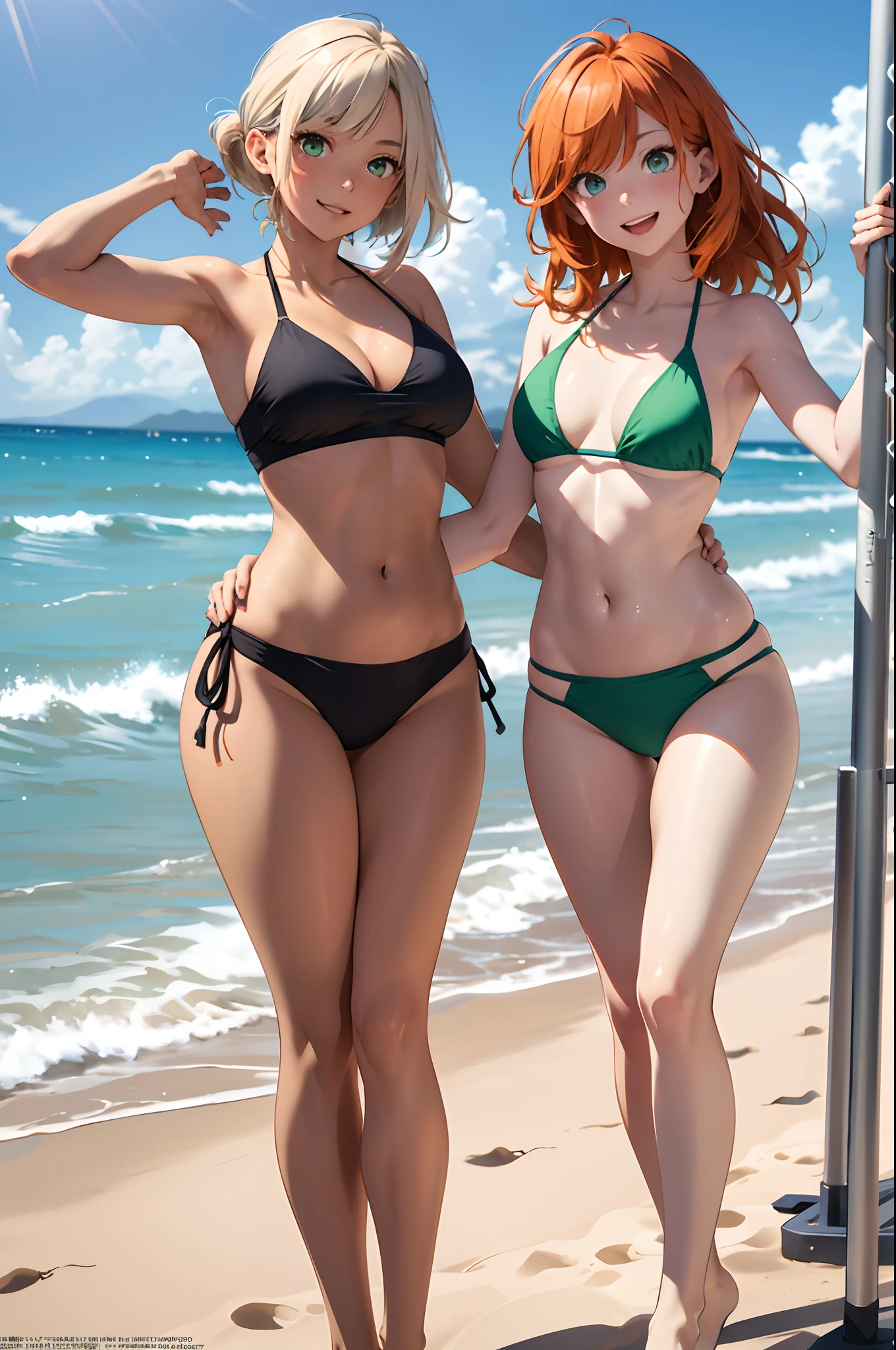 (Official art、Best Quality、Unity 8k Wallpapers、32K、masterpiece、ultra-detailliert、超A high resolution、realisitic、Photorealsitic:1.2)、(natural soft light:1.2)、Fireglow effect、film grains、Best Shadows、Rim lighting、side lights、sideshot、(Ultra-detailed and complex 3D rendering)、Detailed beautiful face and eyes、、Full body, sand beach、beauitful face、blurry backround、18 year old beautiful girl、shinny skin、beautiful orange hair、Green eyes、Bikini swimwear、raise arms、beach balls、Curve、Dynamic Poses、Smile with open mouth、Two girls、beachvolley、