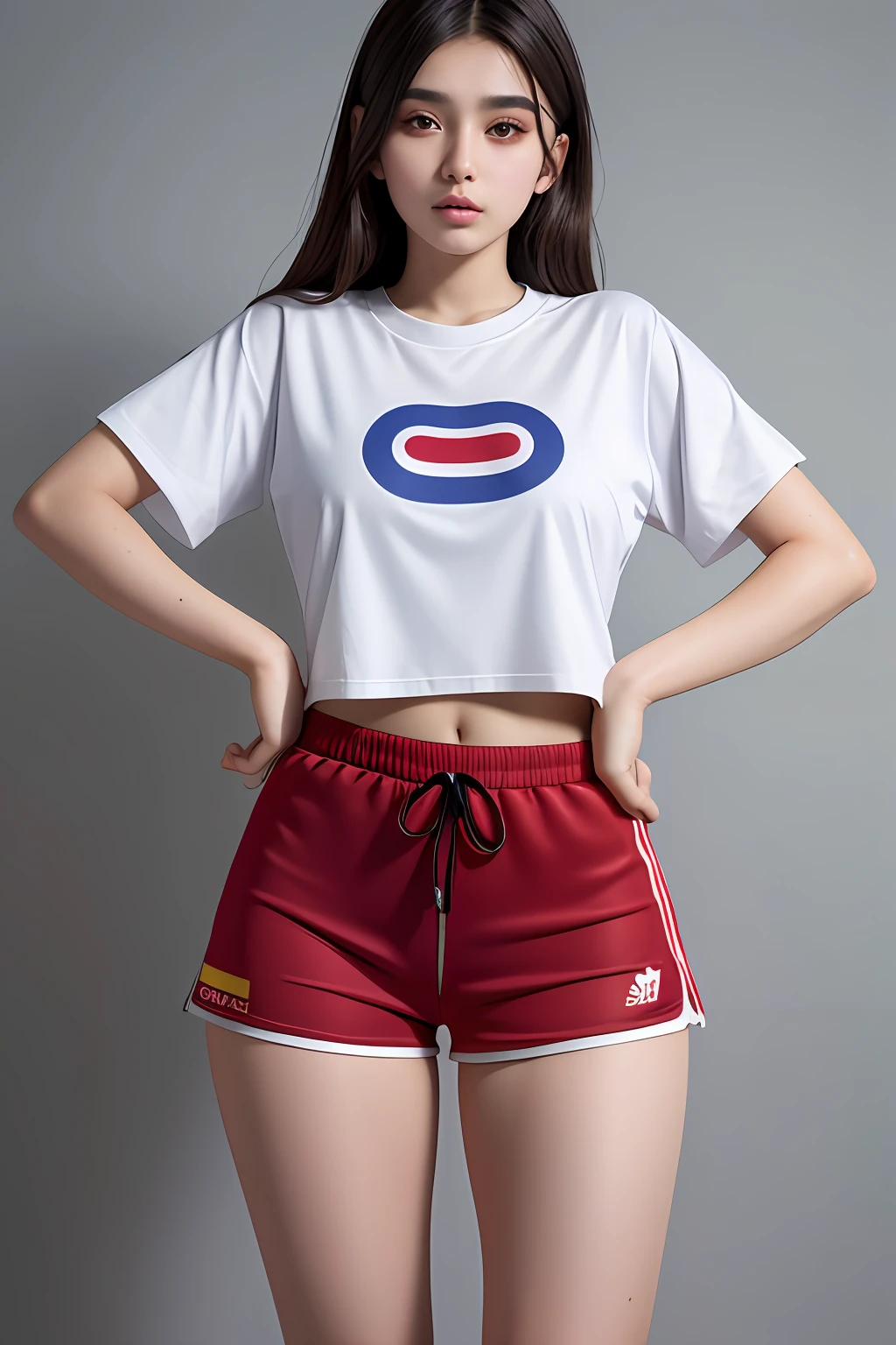 Beautiful, 1girl, korea, small breast, oversize crop tshirt, yellow shortpants