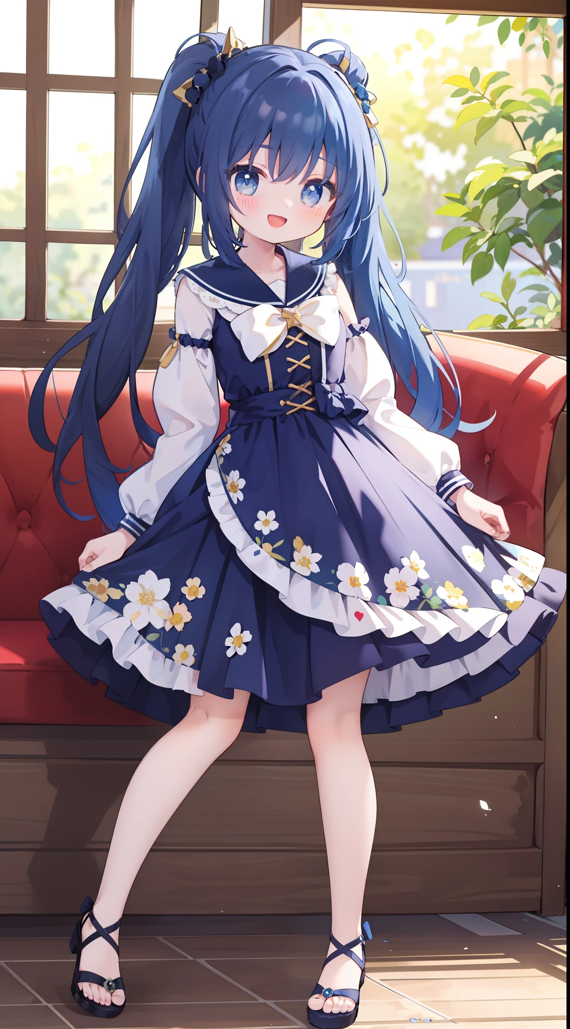 1 girl in、(full bodyesbian、Standing picture)、((​masterpiece、top-quality、detaileds)), 4K ,8K ,Haigress, 1 girl in, darkblue hair, (long hair up to the waist), Golden Eyes, dress with many ruffles, Dark blue dress, beautiful foot、((full body Esbian))、(is standing) towns, buliding, borgar, florals, rays of sunshine, Daylight mottled, :D, [[[broken face]]], [[Bad face]], [[Fused fingers]]