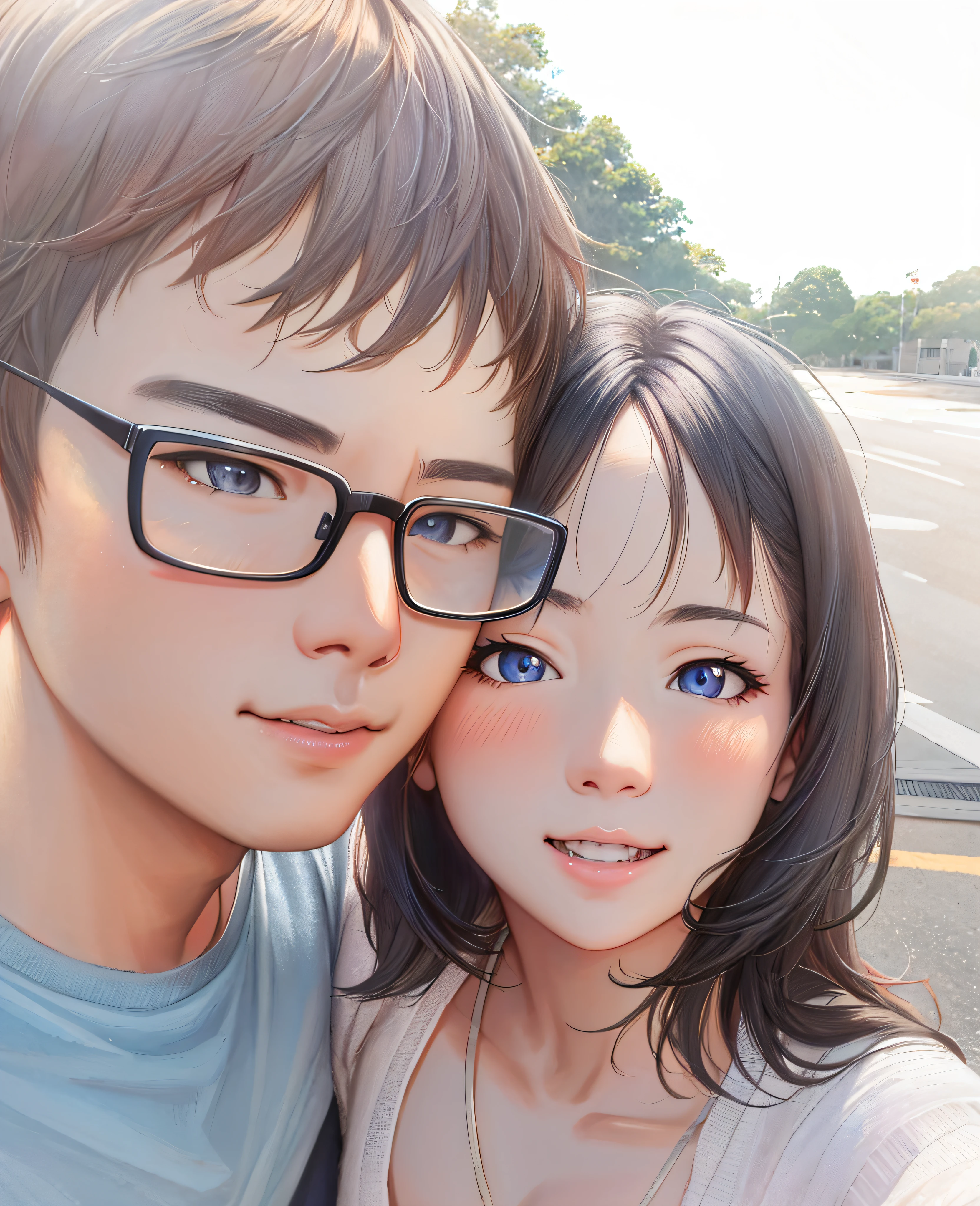 They posed together on the street for photos, 8k selfie photograph, Masayoshi Suto and artgerm, sakimichan and frank franzzeta, sakimichan hdri, hyper realistic anime, sakimichan, cute couple, Range Murata and Artgerm, Photorealistic anime, Kawaii realistic portrait, couple pose,blue color eyes