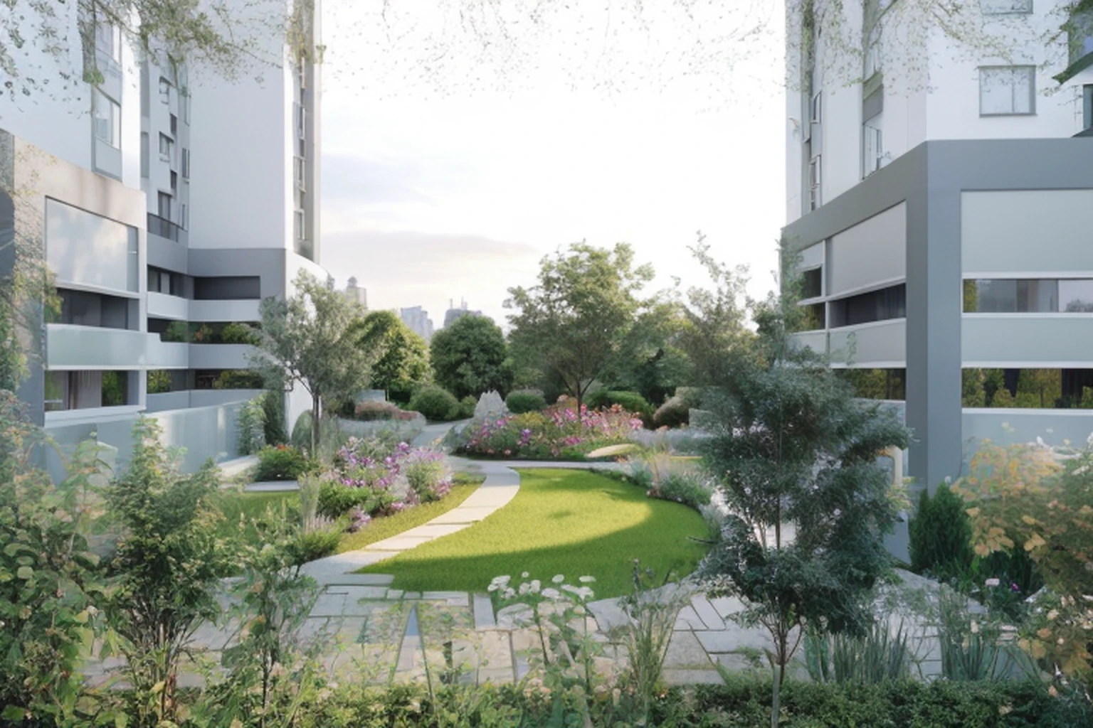 there is a courtyard with a bench and a little trees, garden pathway winding, outdoor curved pathway, mid-view, wide-angle exterior 2022, skyscrapers with greenery, nature growing around the city, artistic impression, nature returning to the city, with a garden as foreground, rendering, hyper-realistic render, hyper-realistic render, detailed rendering, residential area, with a garden