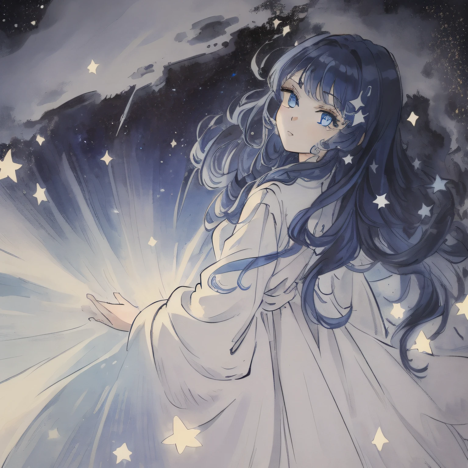 masterpiece, best quality, CG 8k wallpaper, illustration, amazing fine details and brush strokes, smooth,(((1girl))), extremely detailed, dynamic composition, motion, incredibly detailed, white court dress,loli, moonlight, beautiful, detailed eyes,[white hair"blue hair:0.5],blue eyes,long_curly_hair, hands behind back, highly detailed, solo, full,amazing, beautiful, finely detail, (stars),galaxy,ray trace, Depth of field